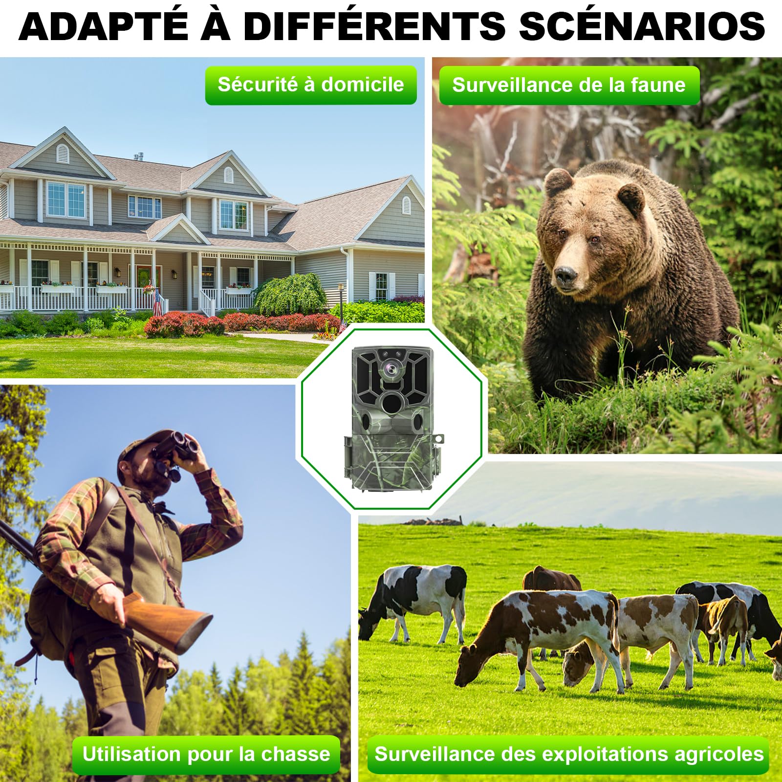 Caméra de Chasse 5K Full HD 60MP WiFi Bluetooth IP66 avec Détecteur de Mouvement Vision Nocturne, Carte 32G et 8 Piles AA