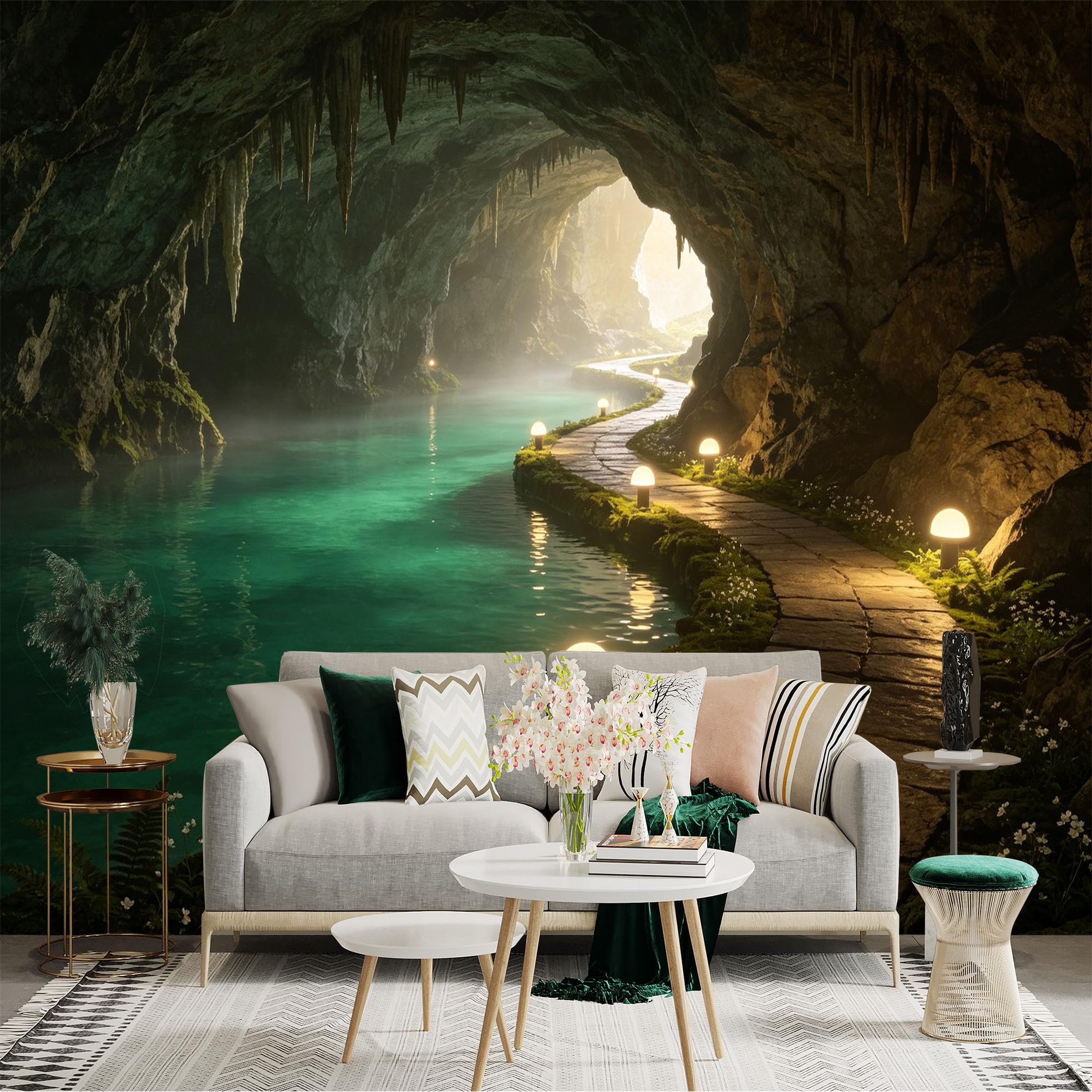 Custom Size Wall Sticker Mural， Mysterious Limestone Cave， Glowing Path with Lanterns， Underground River and Stalactites， for wall Decoration， peelandstick wall Decals.