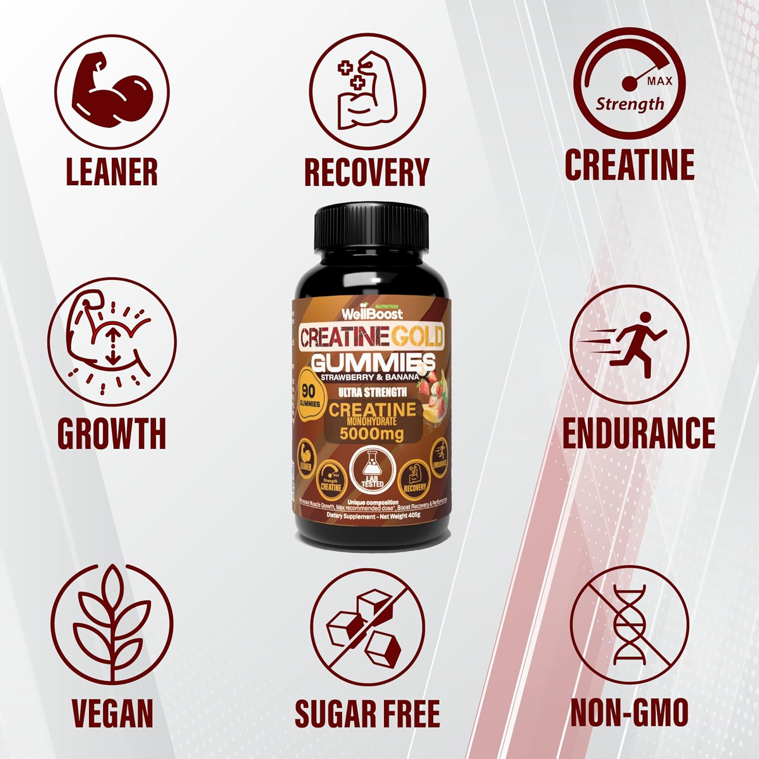 WellBoost Creatine Gold – 5000mg Creatine Monohydrate, Vegan, Sugar-Free Gummies for Lean Muscle Growth, Endurance, Recovery & Energy (1 Month Supply) in Starwberry and Banana Flavour.