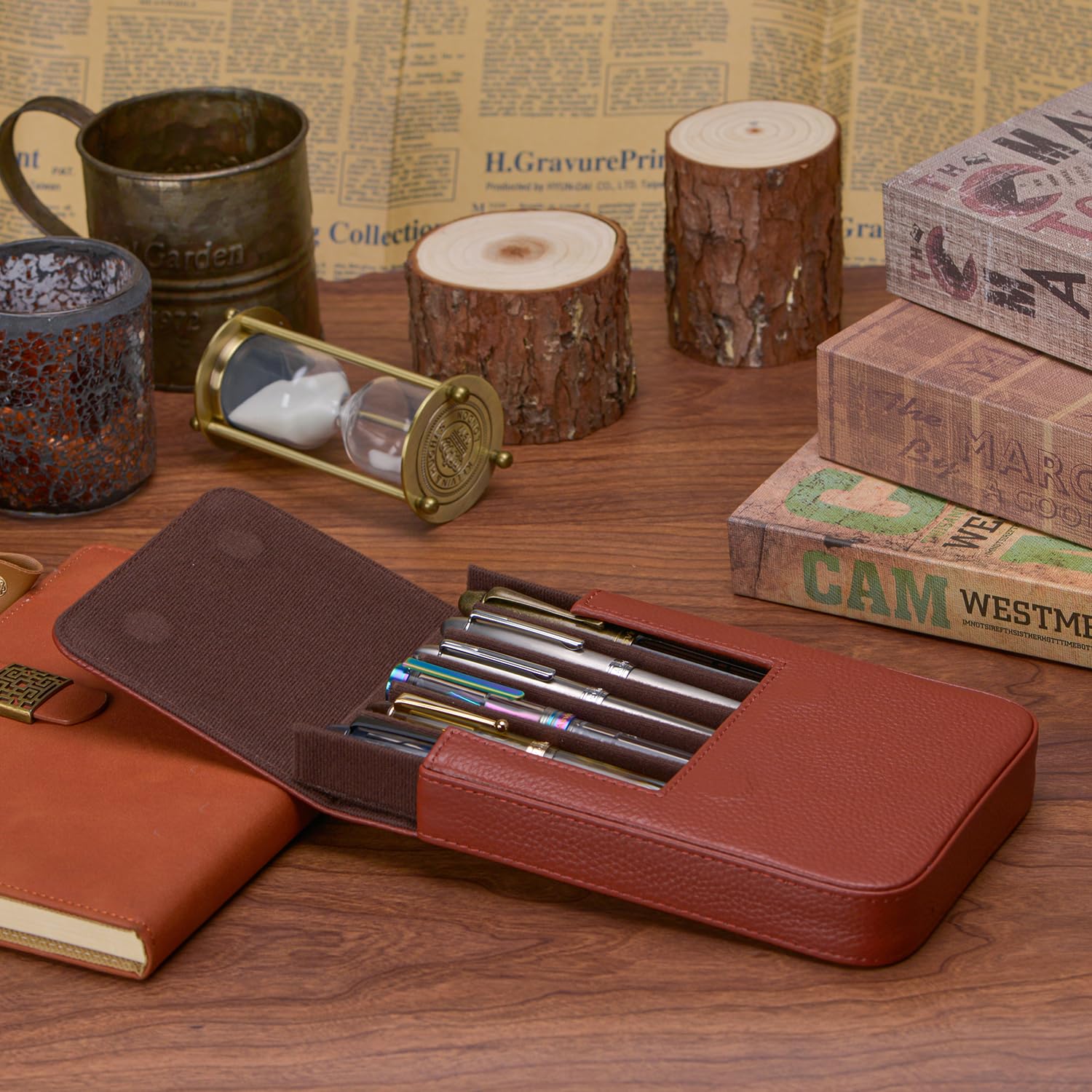 Lanxivi Genuine Leather Fountain Pen Case 6 Slot Coffee Leather Organizer, Portable Pen Bag Pouch Drawer Style - Image 4