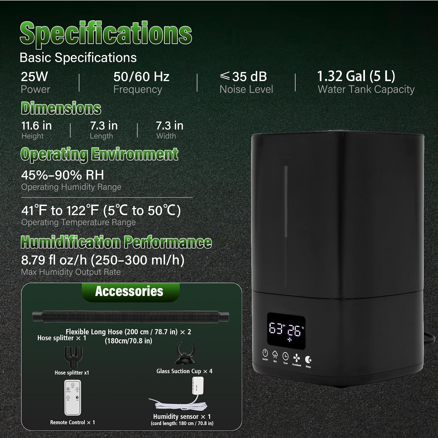 Automatic Reptile Fogger Humidifier with Smart Humidity Control, 5L Large Tank, 70" External Sensor Probe, Dual Hose Terrarium Humidifier for Ball Python, Chameleon, Gecko, Frog, Vivarium & Grow Tent