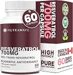 Nutrawave 700mg RESVERATROL Supplement Capsules (STRONGEST IN CANADA), 98% Pure Trans Resveratrol, Powerful Antioxidant and Anti-Inflammatory Properties. Gut Health, Improved Radiant Skin Supplement for Women and Men, Non-GMO, Vegan, Gluten Free. 60 