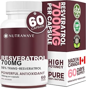 Gélules de RESVERATROL Nutrawave 700 mg (LE PLUS FORT AU CANADA), 98 % de trans resvératrol pur, puissant antioxydant et propriétés anti-inflammatoires. Supplément pour la santé intestinale, amélioration de la peau radieuse pour femmes et hommes, Non-OGM, Végétalien, Sans gluten. 60