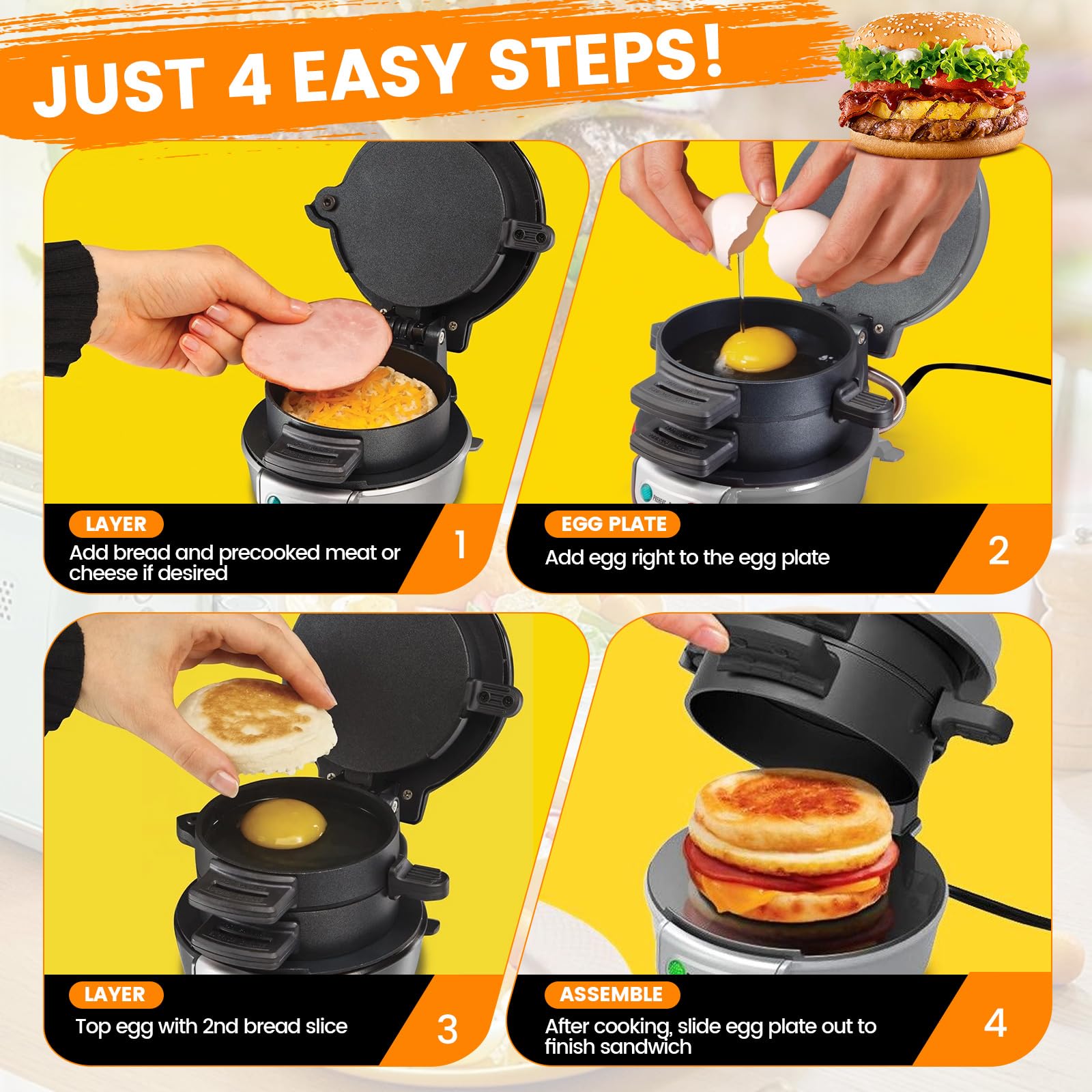 Sandwich - Tostapane per hamburger maker, efficienti piastre riscaldanti antiaderenti, lavabili in lavastoviglie, 600 W, per pane, per colazione, casa, cucina, pancake, colore: grigio argento