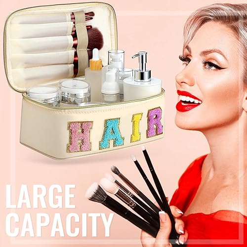 Miniatura 5 de Sanwuta Bolsa de maquillaje con letras de chenilla, 4 piezas, bolsa de cosméticos de nailon, bolsa de maquillaje portátil de viaje, bolsa de