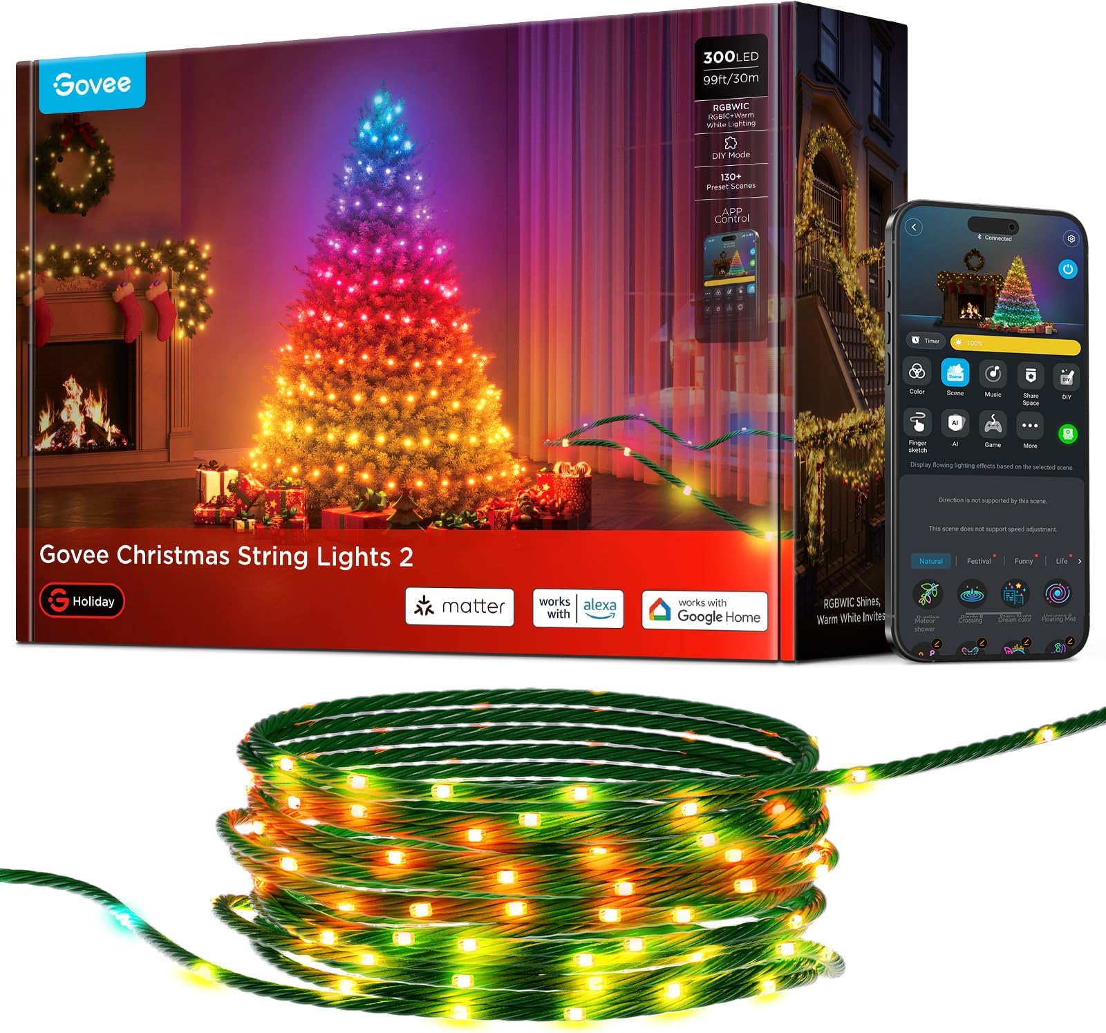 Christmas Lights 2, RGBWIC 99FT 300LEDs Holiday String Lights with Shape Mapping Function, Smart LED Decoration for Indoor Outdoor Tree, 130+ Preset Scenes, Voice and APP Control, Green Wire
