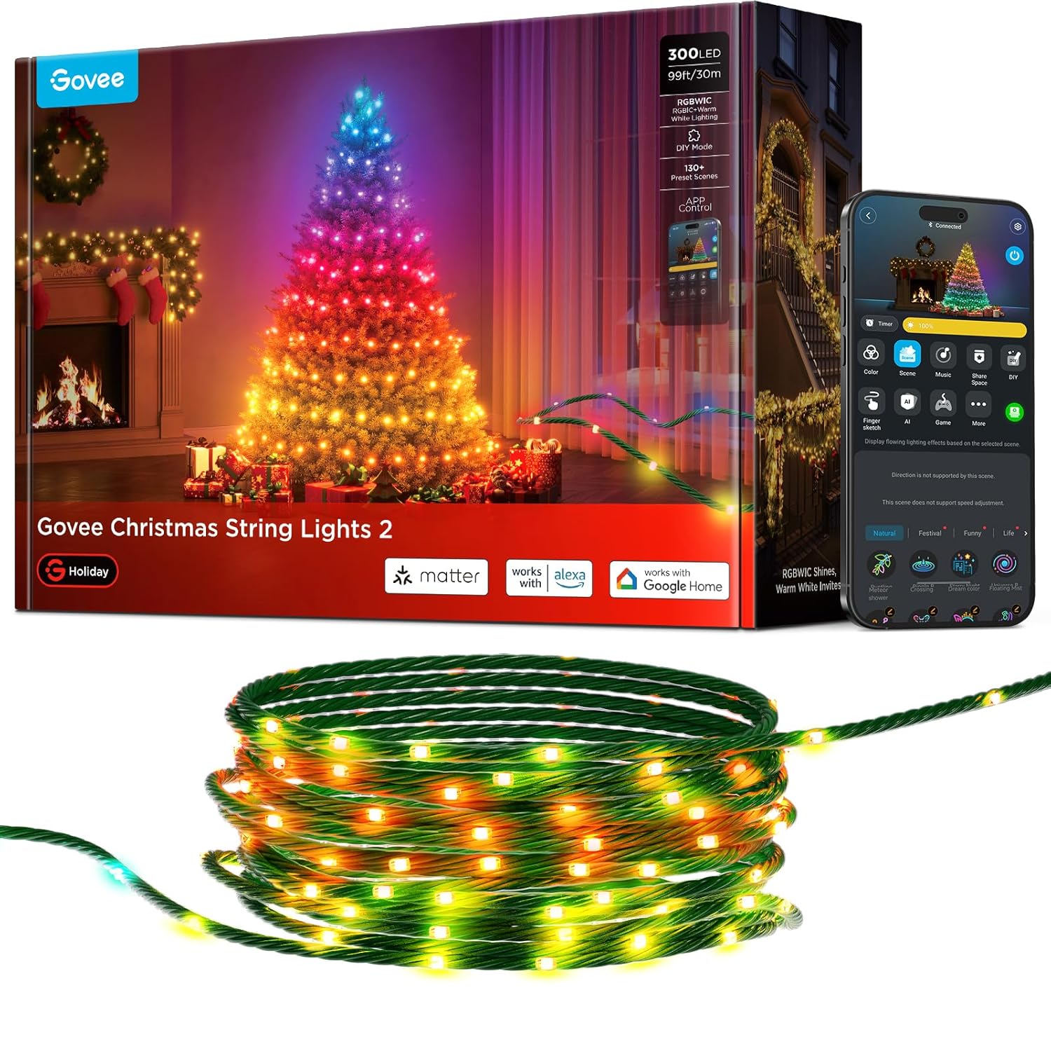 Govee 99FT RGBWIC Christmas String Lights - 300 LEDs with Shape Mapping Function, Smart LED Holiday Decoration for Indoor and Outdoor Trees, Featuring 130+ Preset Scenes, Voice...