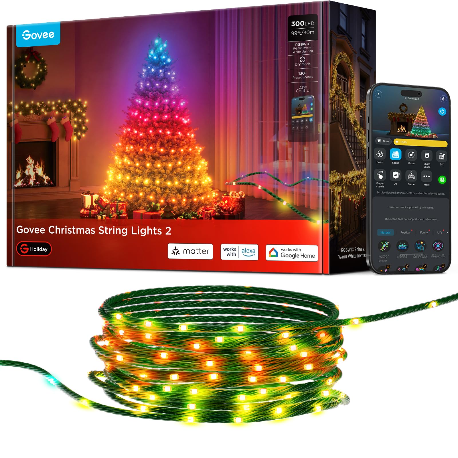 Govee Christmas Lights 2, RGBWIC 99FT 300LEDs Holiday String Lights with Shape Mapping Function, Smart LED Decoration for Indoor Outdoor Tree, 130+ Preset Scenes, Voice and APP Control, Green Wire