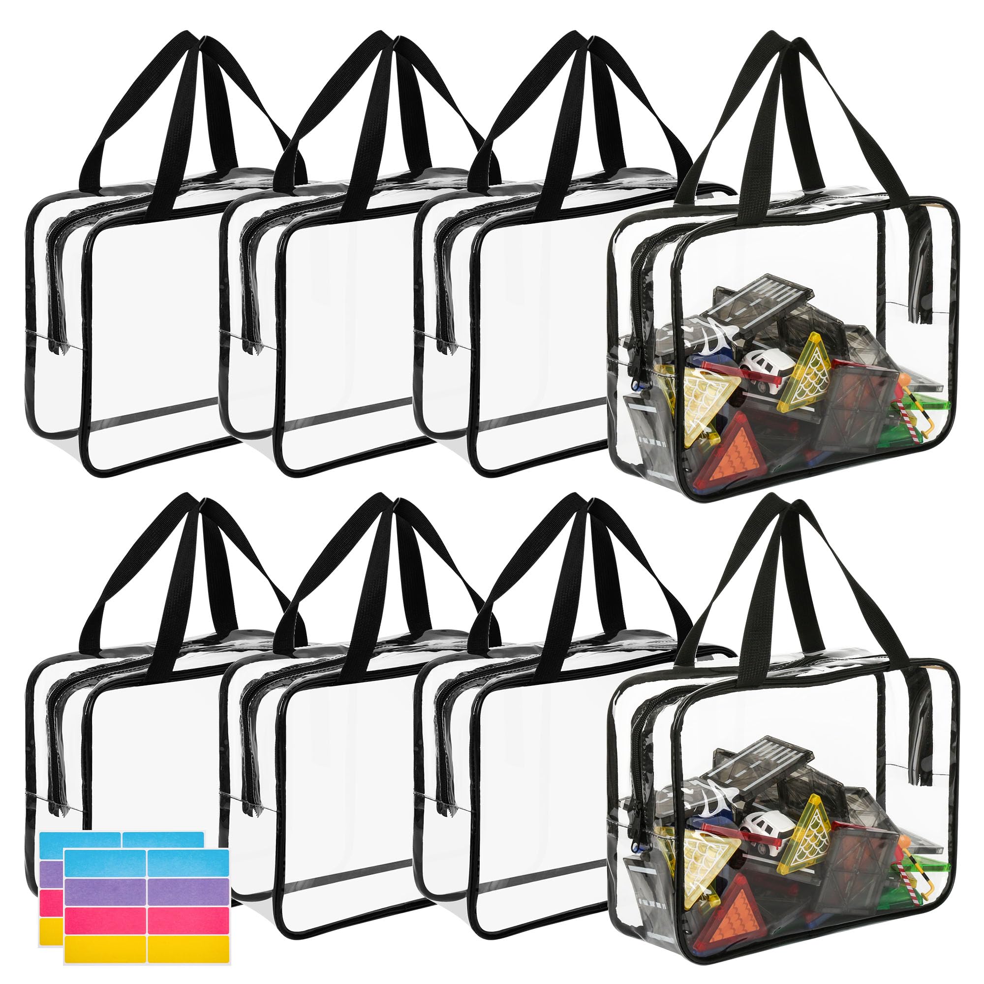 SUPXYC 8PCS Toy Storage Bags, Reusable Clear PVC Board Game Storage, Clear PVC Toy Organizer Bags with Zipper & Labels, for Organizing Puzzles, Building Blocks, Board Game, Kids Books (Black)