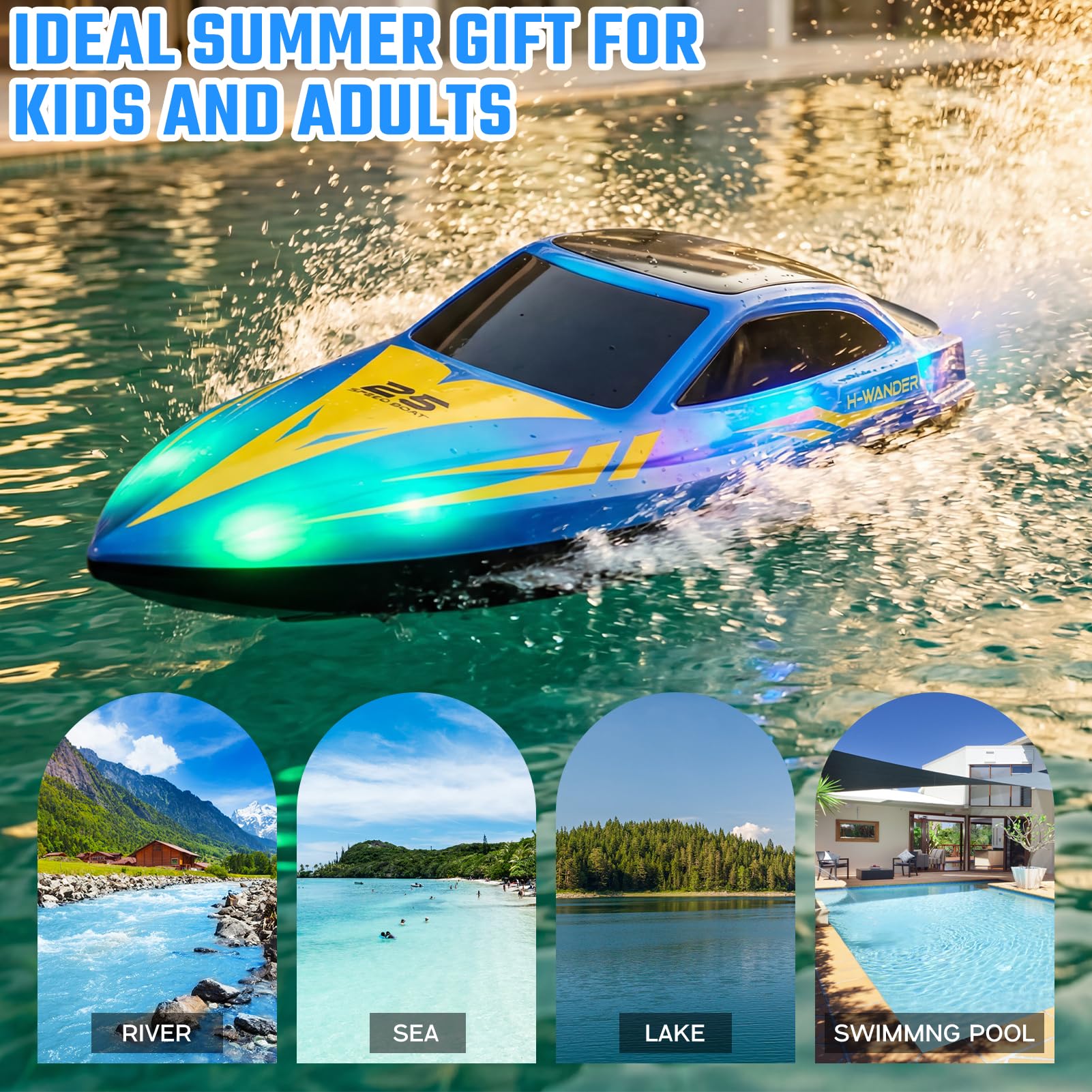 Bateau Télécommandé Rapide 15 KM/H - 2 Heures d'Autonomie, Redressement Automatique, Étanche - Bateau RC 26cm avec Lumières LED, Batterie Rechargeable pour Enfants et Adultes