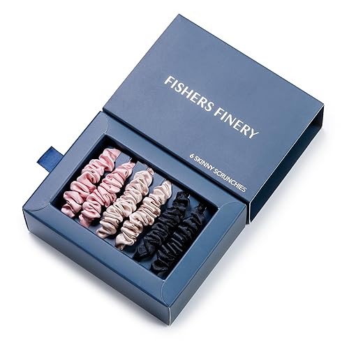 Fishers Finery 25 Momme Pure Mulberry Silk Skinny Scrunchies  Juego de corbatas para cabello fino (negro, rosa, champán, paquete de 6)