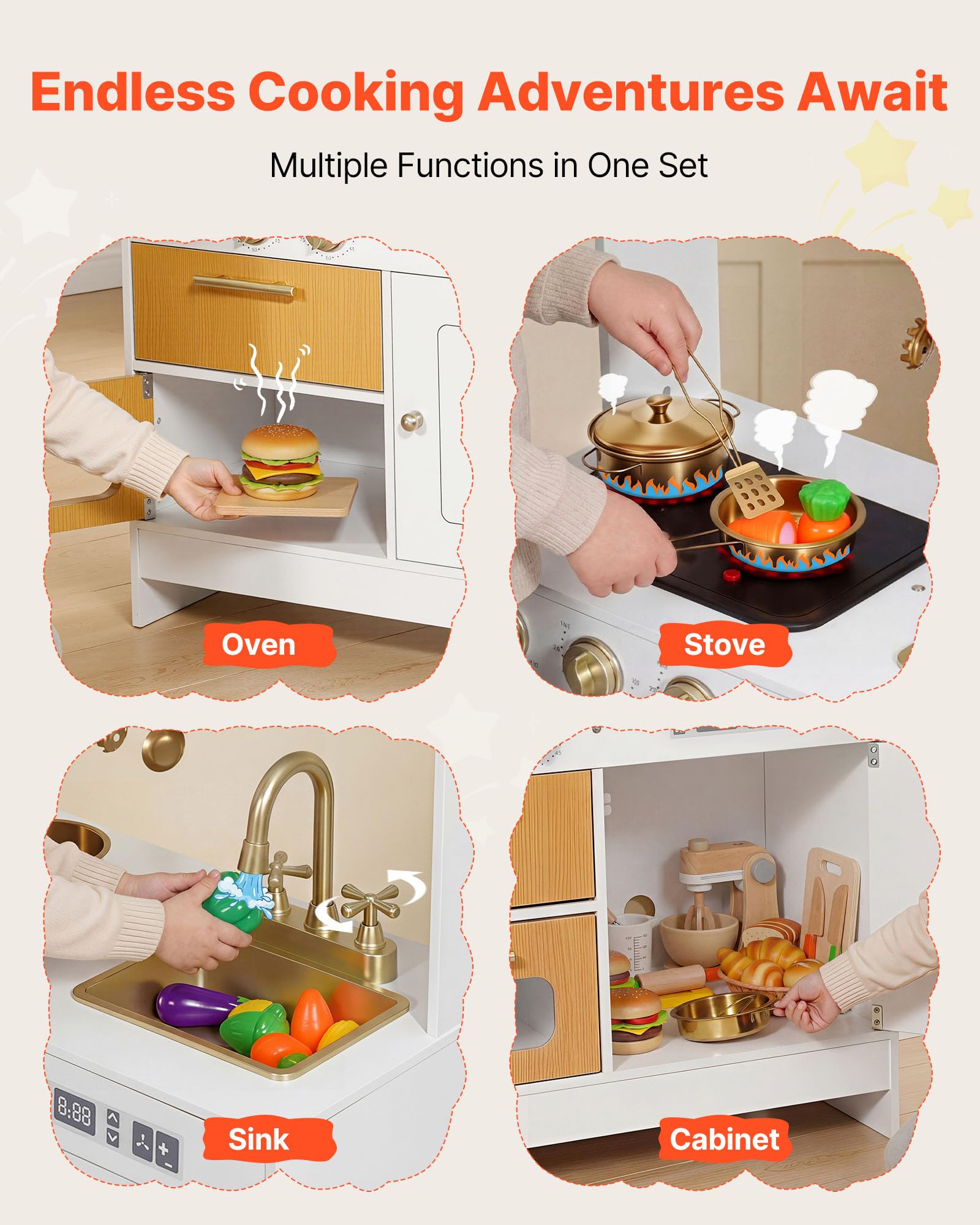VEVOR Cocina de Juguete para Niños de 3 a 8 Años, Cocinita Infantil de Madera con Luces y Sonidos, Zonas Interactivas, Juego de Cocina con Almacenamiento, Microondas, Fregadero, Accesorios, Blanco
