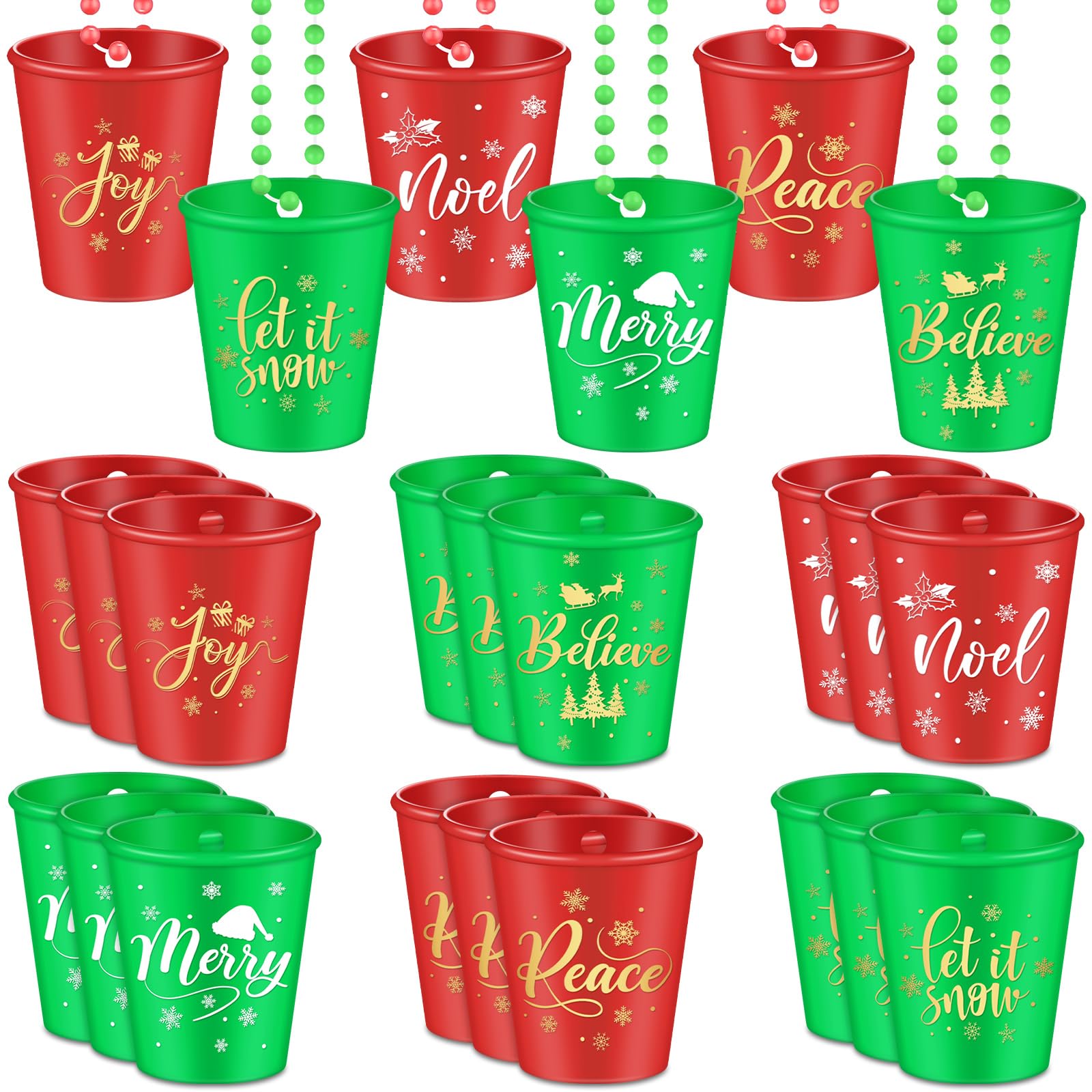 Tigeen 24 Christmas Shot Glass Necklaces Christmas Plastic Shot Cup on Beaded Necklace Red Green Xmas Necklace Cup for Holiday Birthday Party Supplies (Joy)