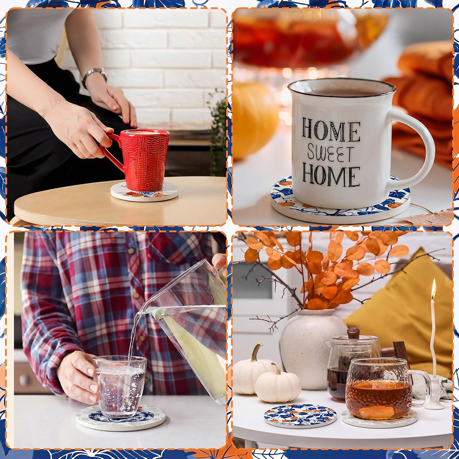 Hushee Fall Pumpkin Coasters Set of 4 Ceramic Blue Vase Chinoiserie Cup Mat