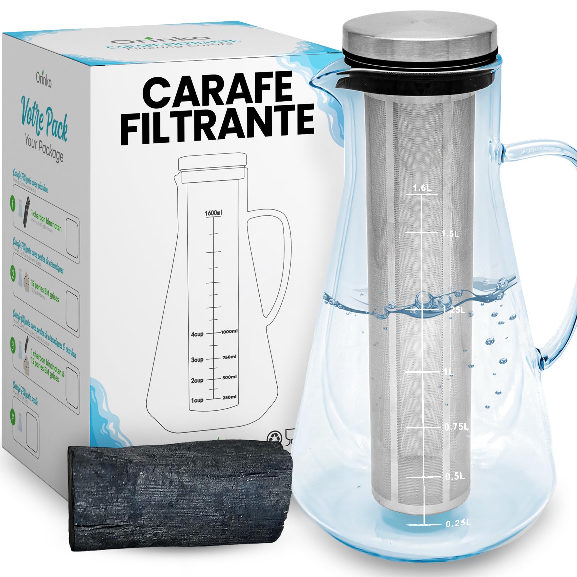 ORINKO Kit de Purification d'Eau : Binchotan et Carafe en Verre, Binchotan de Kishu Bio 40 g avec Carafe Filtrante 1,6 L, Charbon Actif Japonais pour Eau + E-Book