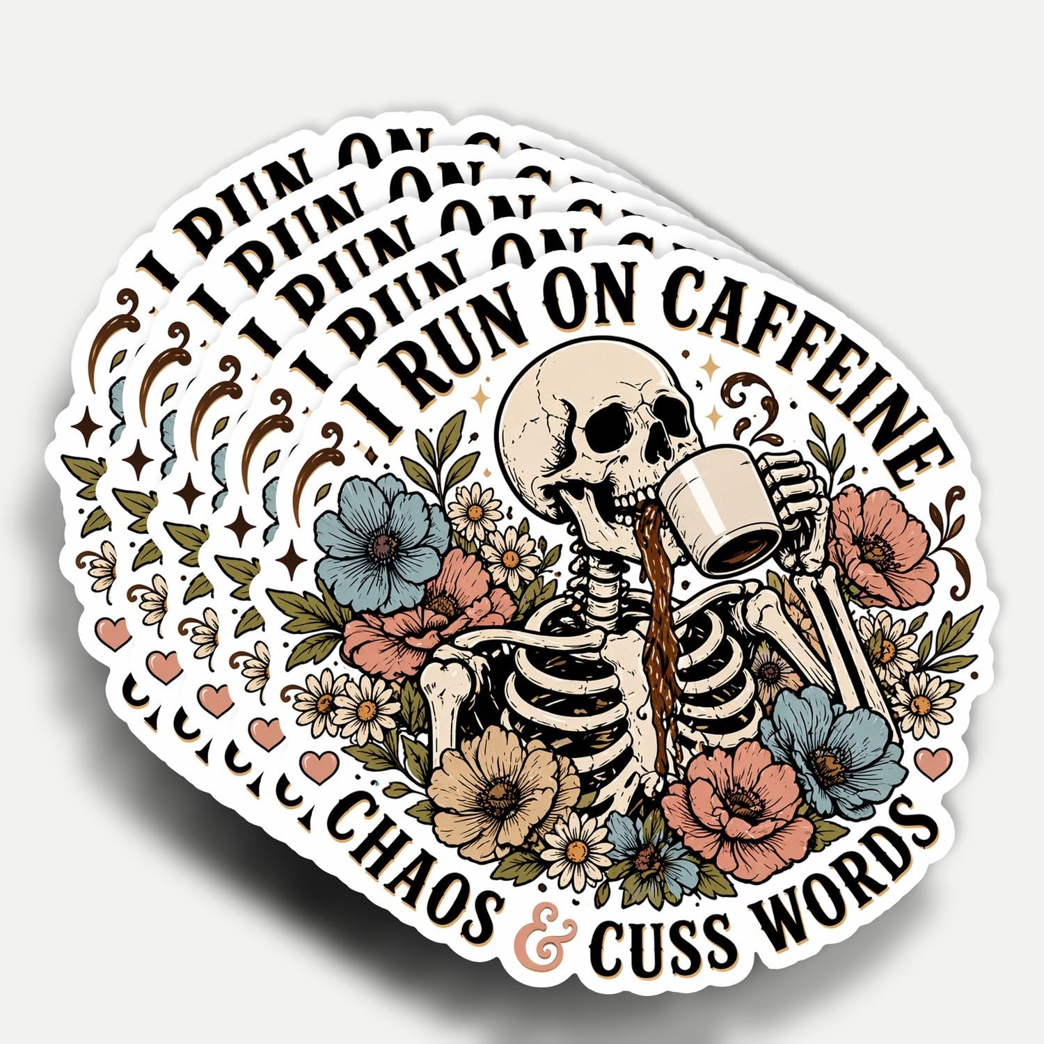 Photo 1 of (5Pcs) I Run On Caffeine Chaos and Cuss Words Sticker 3 Inch, Coffee Cup Sticker, Stickers for Coffee Mug, Caffeinated Waterproof Vinyl Decal for Laptop, Water Bottles, Car, Phone, Book
