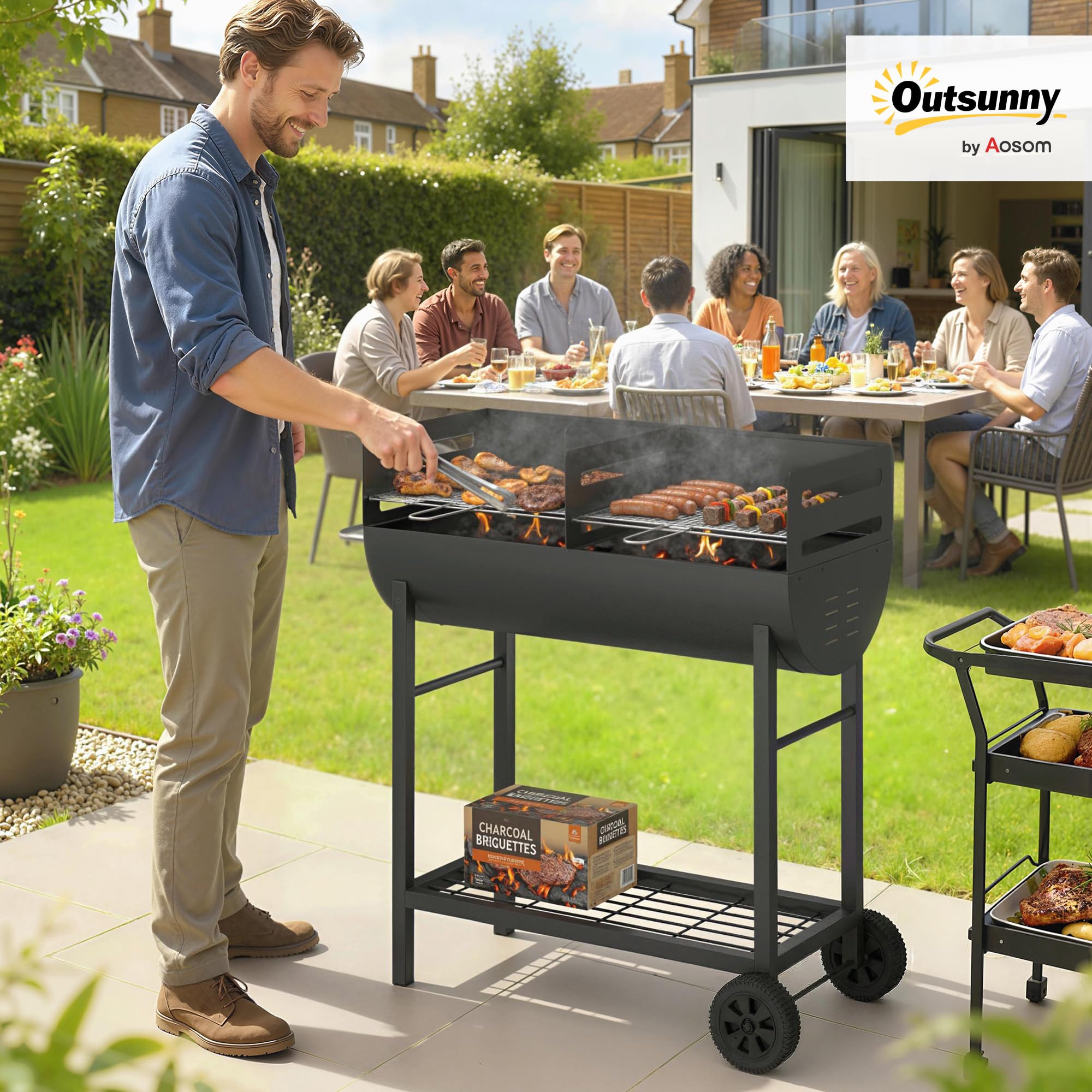 Outsunny Barbecue à charbon de bois avec chariot de barbecue à 2 zones de cuisson, grille réglable en hauteur, étagère en bois, roues, poignée latérale, barbecue à charbon de bois portable pour