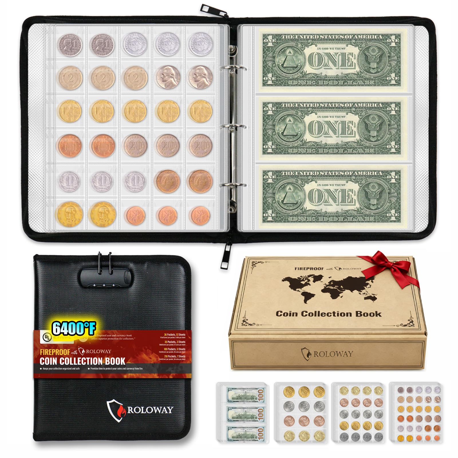 ROLOWAY Coin Collection Book 6400℉ Heat Insulated, 360 Pockets Fireproof Coin Book Holder and 36 Paper Currency Album with Aluminum Foil Layer, Money Saving Coin Collector Book with Lock (Black)