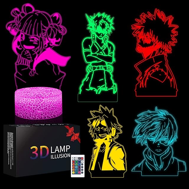 Moodlamp My Hero Academia 3D Night Light Kids, 5 in 1 Pattern Set & 16 Color Change with Remote Control Himiko Toga Bedside Lamps, Japanese Anime Birthday Xmas Gifts for Kids Boys Girls Friends Teens
