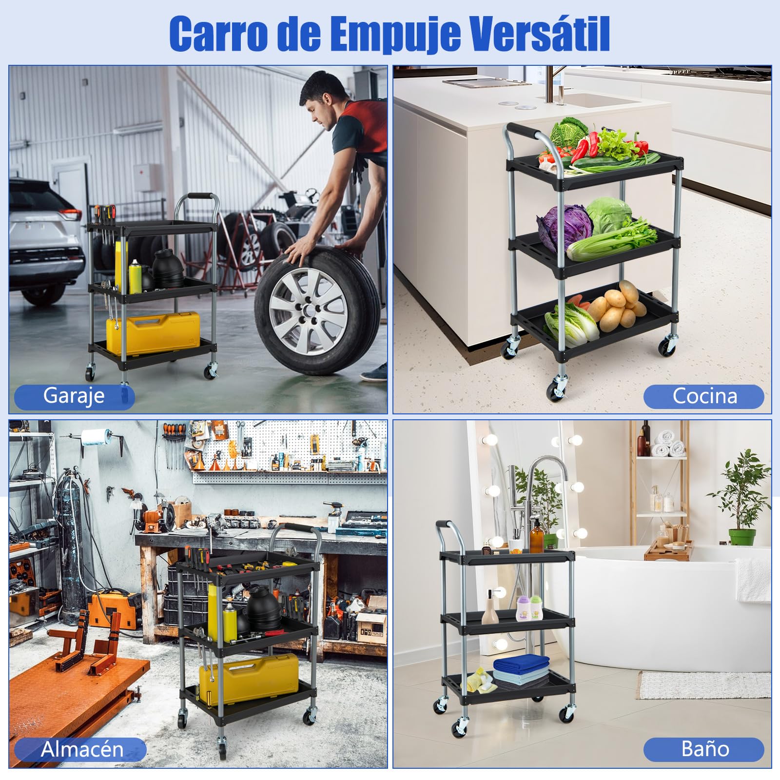 COSTWAY Carro de Herramientas de 3 Niveles, Carro de Taller de Metal con 4 Ruedas Universales y Mango de Esponja, Carrito de Herramientas Multiusos para Garaje Mecánico Hogar (64 x 40 x 102 cm)