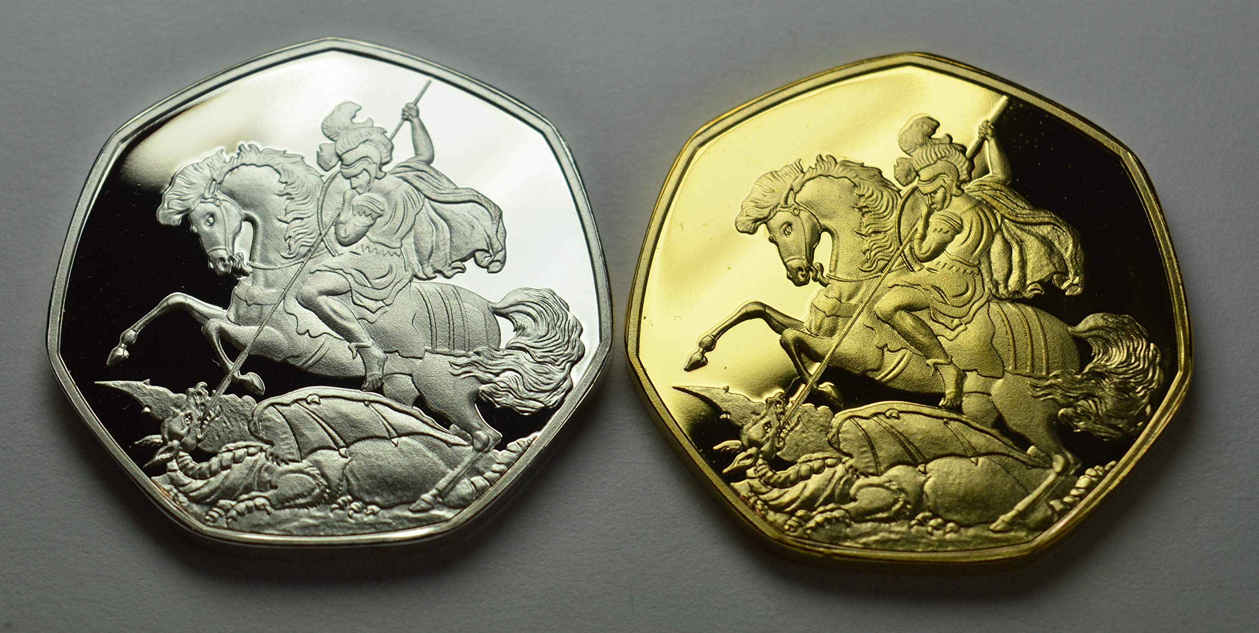 The Commemorative Coin Company Pair of ST GEORGE & THE DRAGON Silver Commemoratives. England, Patron Saint. FOR GOD, ENGLAND, AND SAINT GEORGE