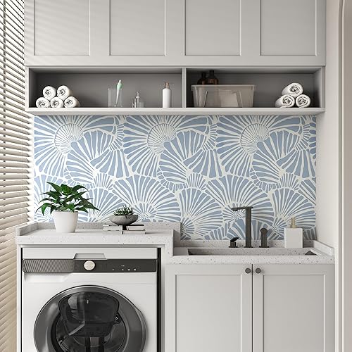 Miniatura 6 de Papel tapiz blanco y azul para despegar y pegar, estilo bohemio, 17.3 x 197 pulgadas, moderno, autoadhesivo, extraíble, para dormitorio, papel