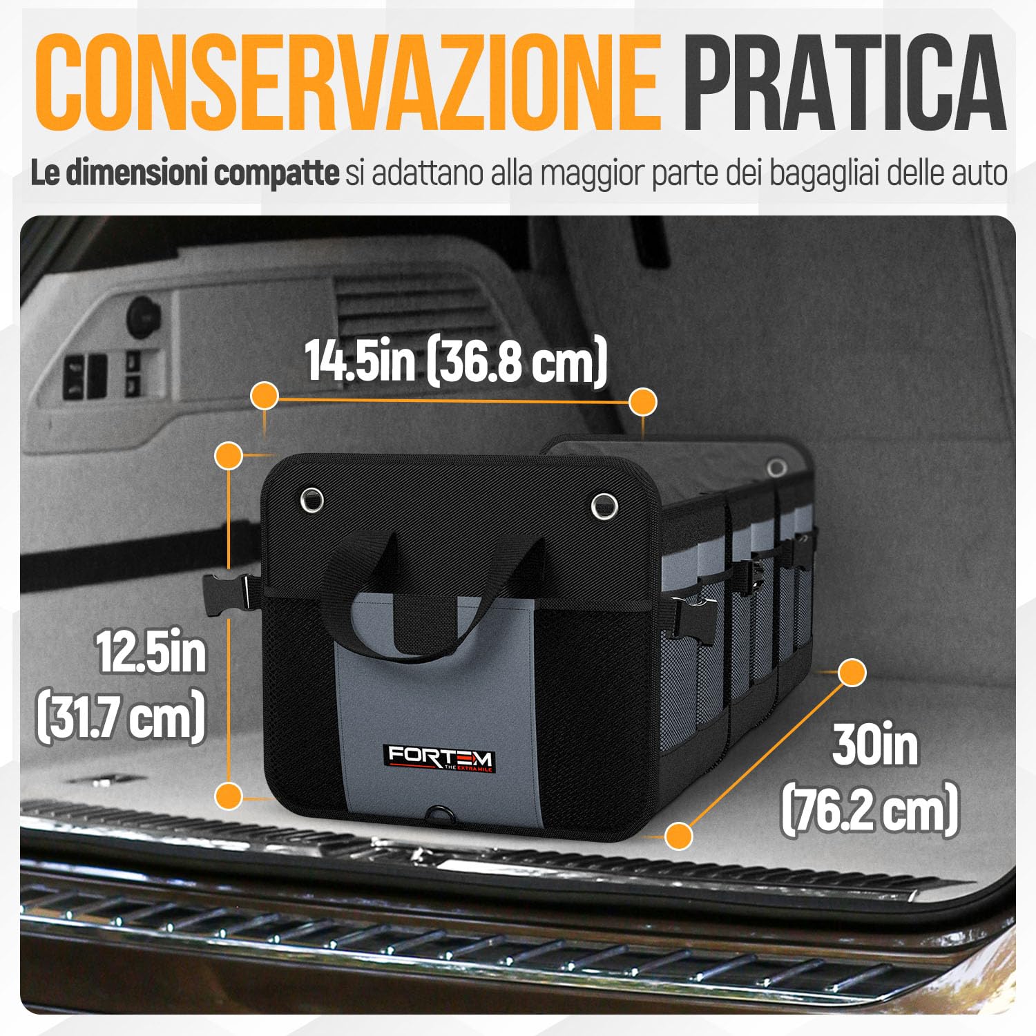 FORTEM Organizzatore Baule SUV, Contenitore Pieghevole Multi Scomparti, Accessori Auto Uomo Donna, Tessuto Oxford 1680D, Fondo Antiscivolo, Cinghie Regolabili, Coperchio Morbido (90L)