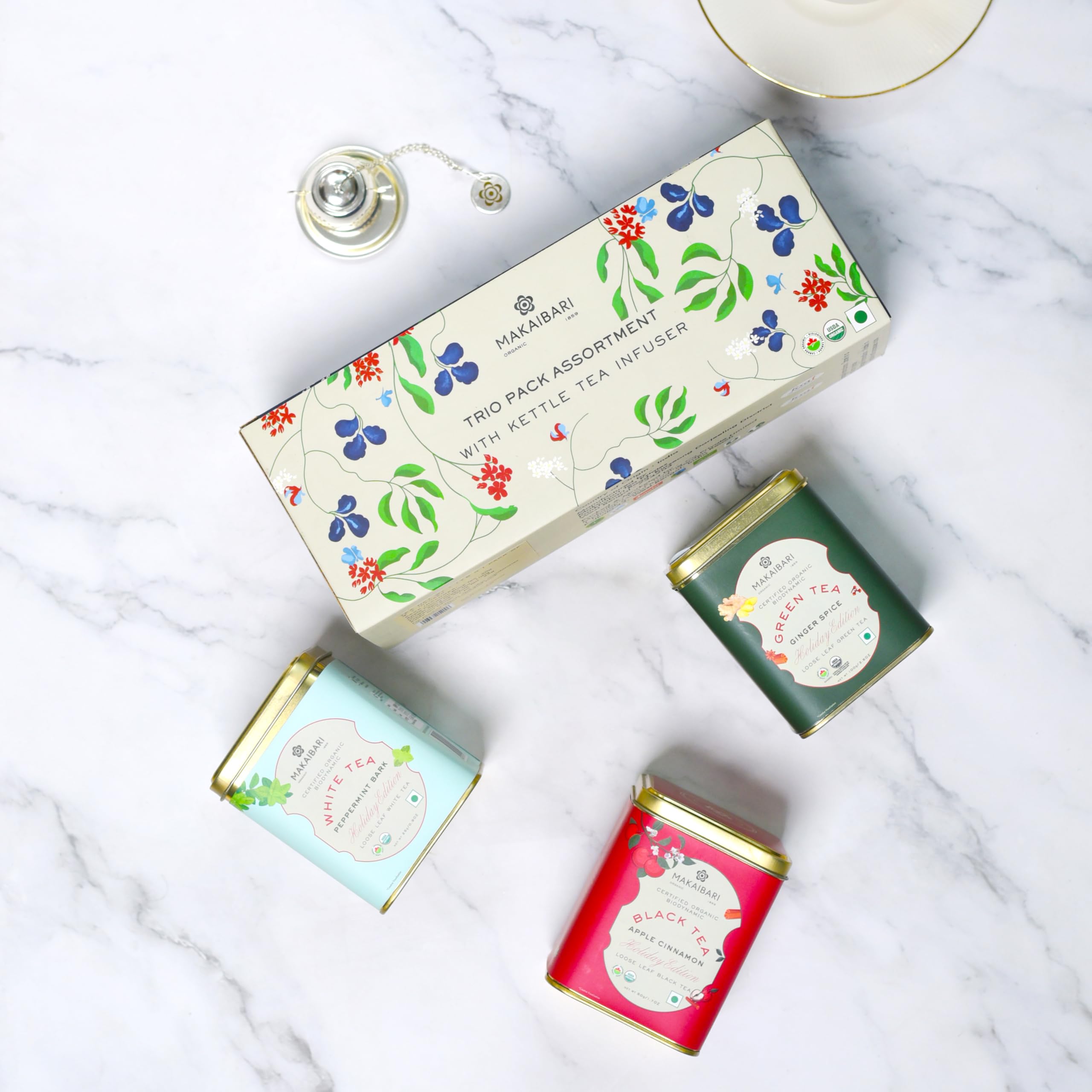 Makaibari Holiday Edition Trio Pack With Infuser | Apple Cinnamon Black | Ginger Spice Green | White Peppermint Bark | USDA Certified | Luxury Tea Gift Box | Wellness Gift Pack 2
