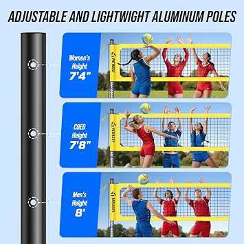 Professional Heavy Duty Volleyball Net Set for Backyard & Beach, Outdoor Net System with Steel Anti-Sag Winch, 32FT Reinforced Net, Height Adjustable Rust-Resistant Aluminum Poles, Portable Carry Bag
