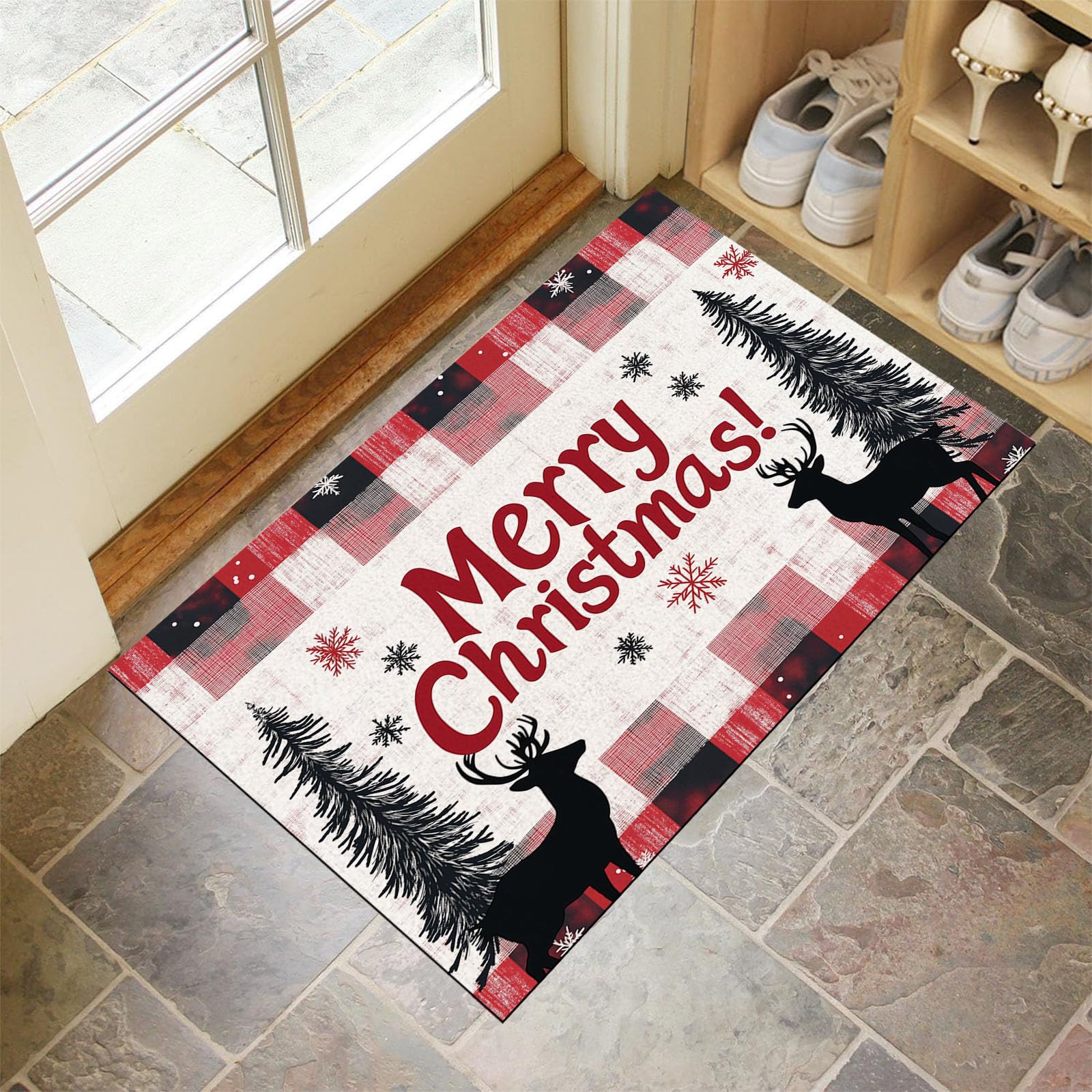 Felpudos De Navideño, 90X150Cm Antideslizante Alfombra De Cuadros Navideños De Búfalo, Alfombra De Puerta Entrada para Bosque De Renos, Felpudos De Bienvenida De Rojo Y Negro para Interiores
