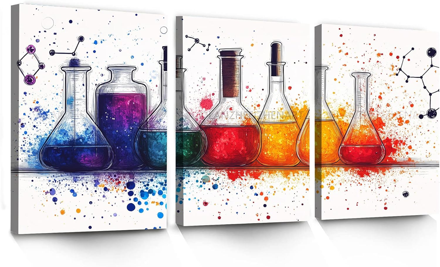 LANZHENZHENART 3Pcs Watercolor Chemistry Laboratory Wall Art Cool Science Canvas Painting Prints For Home Dining Room Living Room Wall Decor Poster Artwork(12" x 18" x 3 Panels Framed)