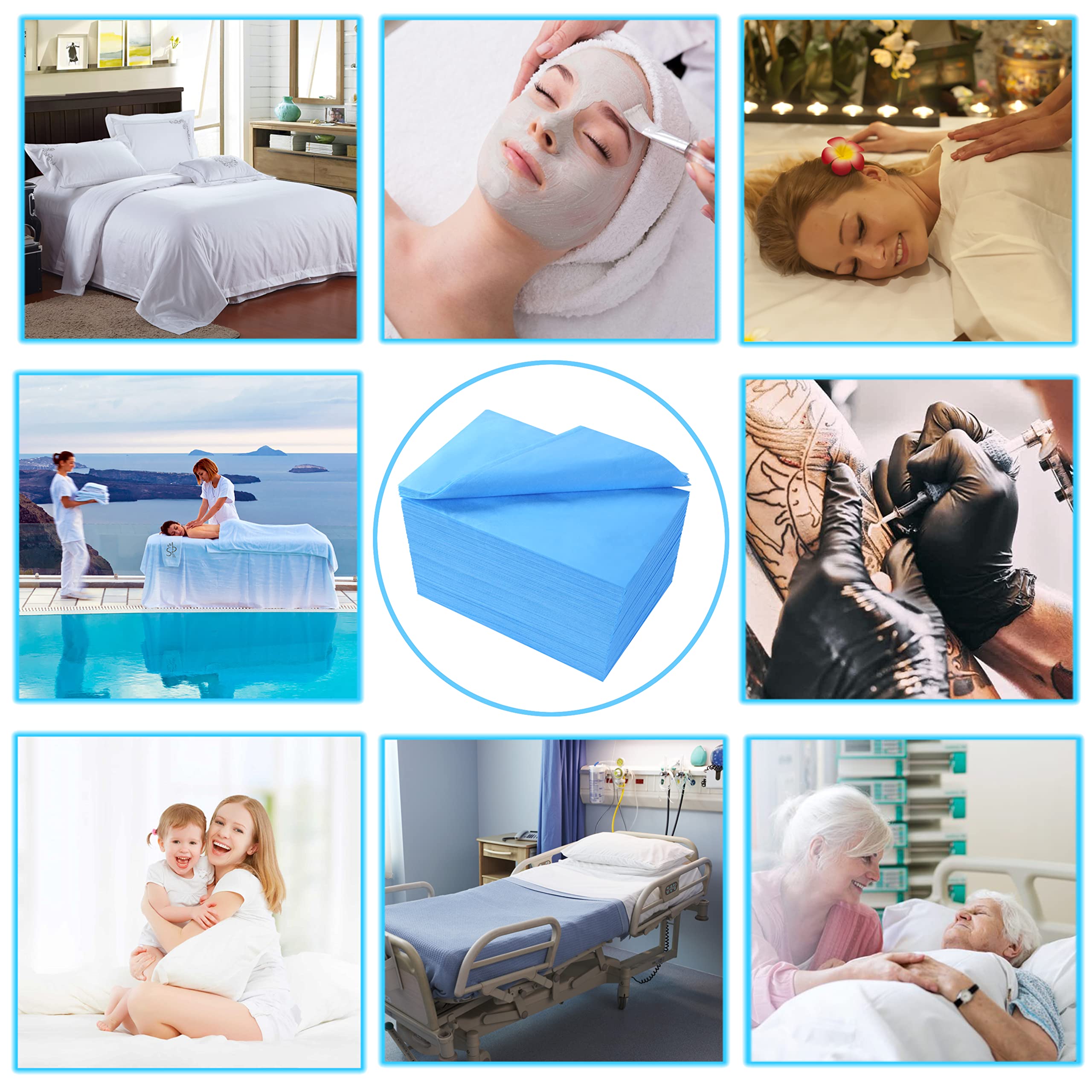 Sábanas desechables de 31 x 71 pulgadas para mesa de masaje, impermeable, tela suave no tejida, cubierta de cama de spa, transpirable, para masajes, tatuajes de belleza, 100 unidades (azul)