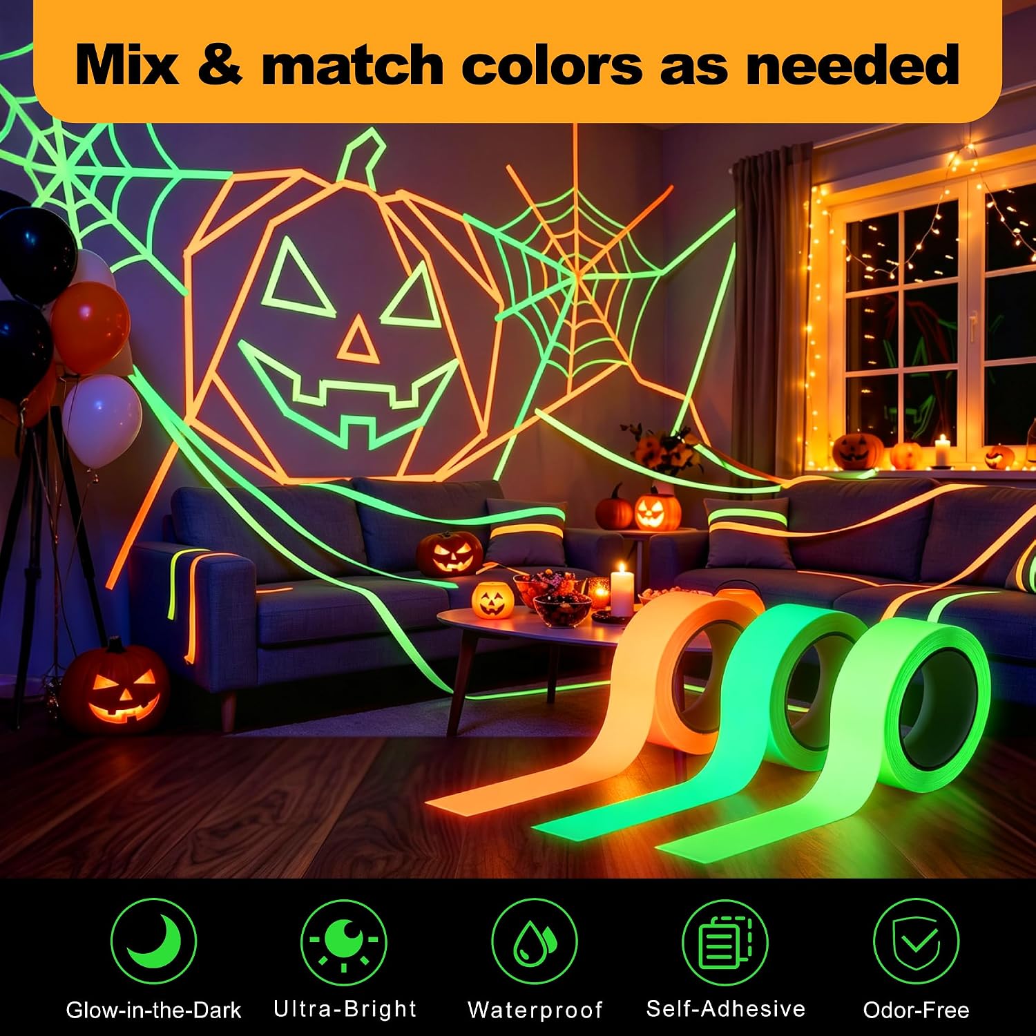 High Brightness Glow in the Dark Tape for Safety Marking, Art Craft DIY, Halloween Deco and Party Accessories. Non-Toxic Adhesive, Waterproof Rechargeable Fluorescent Orange Glow Tape (1 in X 30 ft)