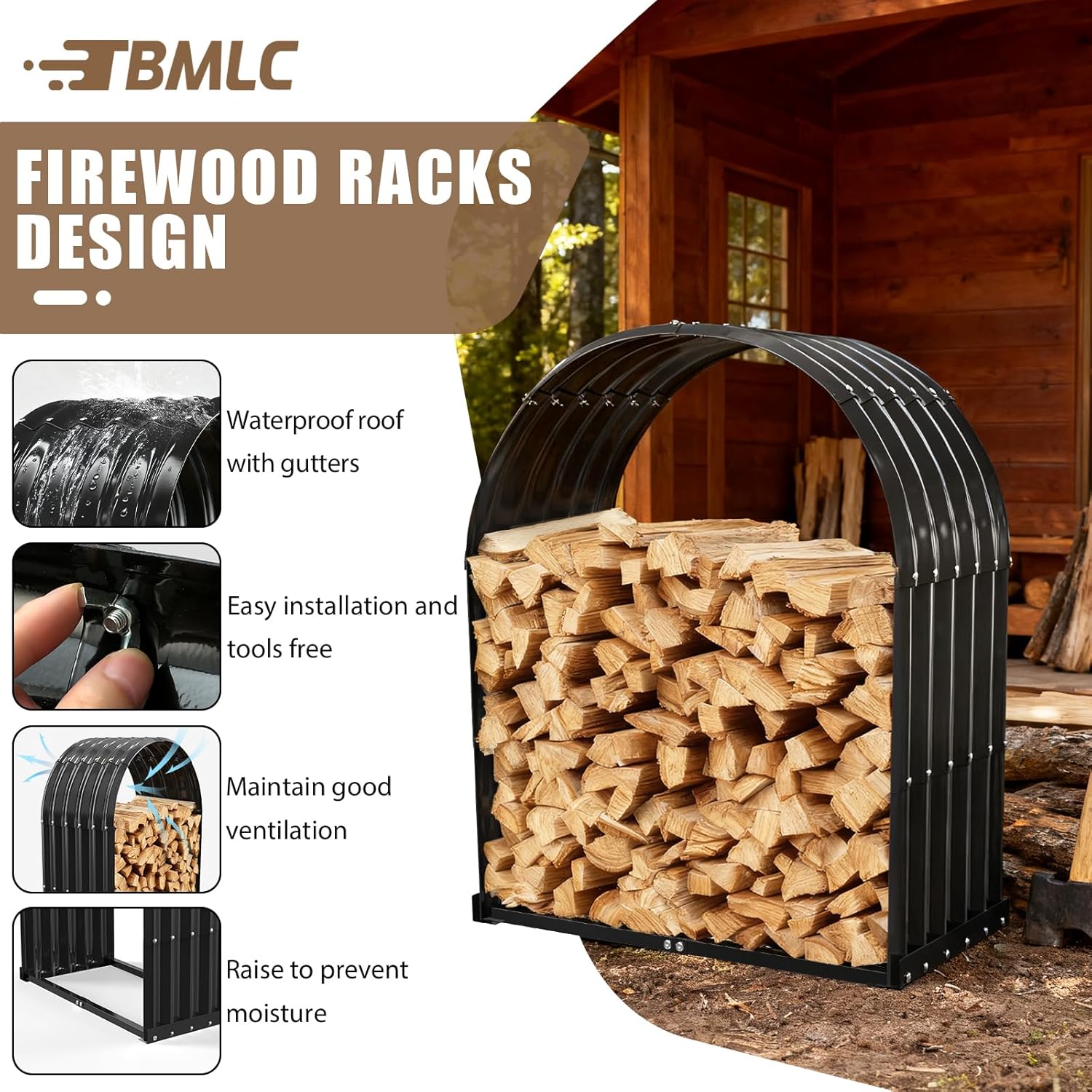 Heavy-Duty Black Firewood Storage Shed – Metal Log Holder with 32" Round Roof – Outdoor Wood Rack for Patio, Deck & Fireplace – Weatherproof Lumber Stand for Firewood (2.7FT Diameter Roof)