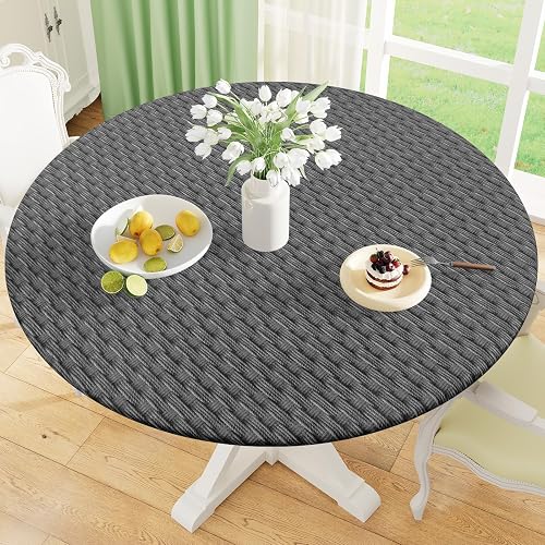 misaya Round Fitted Tablecloth with Elastic Edge, 100% Waterproof Oil Proof Plastic Table Cover, Vinyl Flannel Backed Tablecloth Fits 36"-44" Round Tables for Dinner, Outdoor, Picnic, Grey Weave