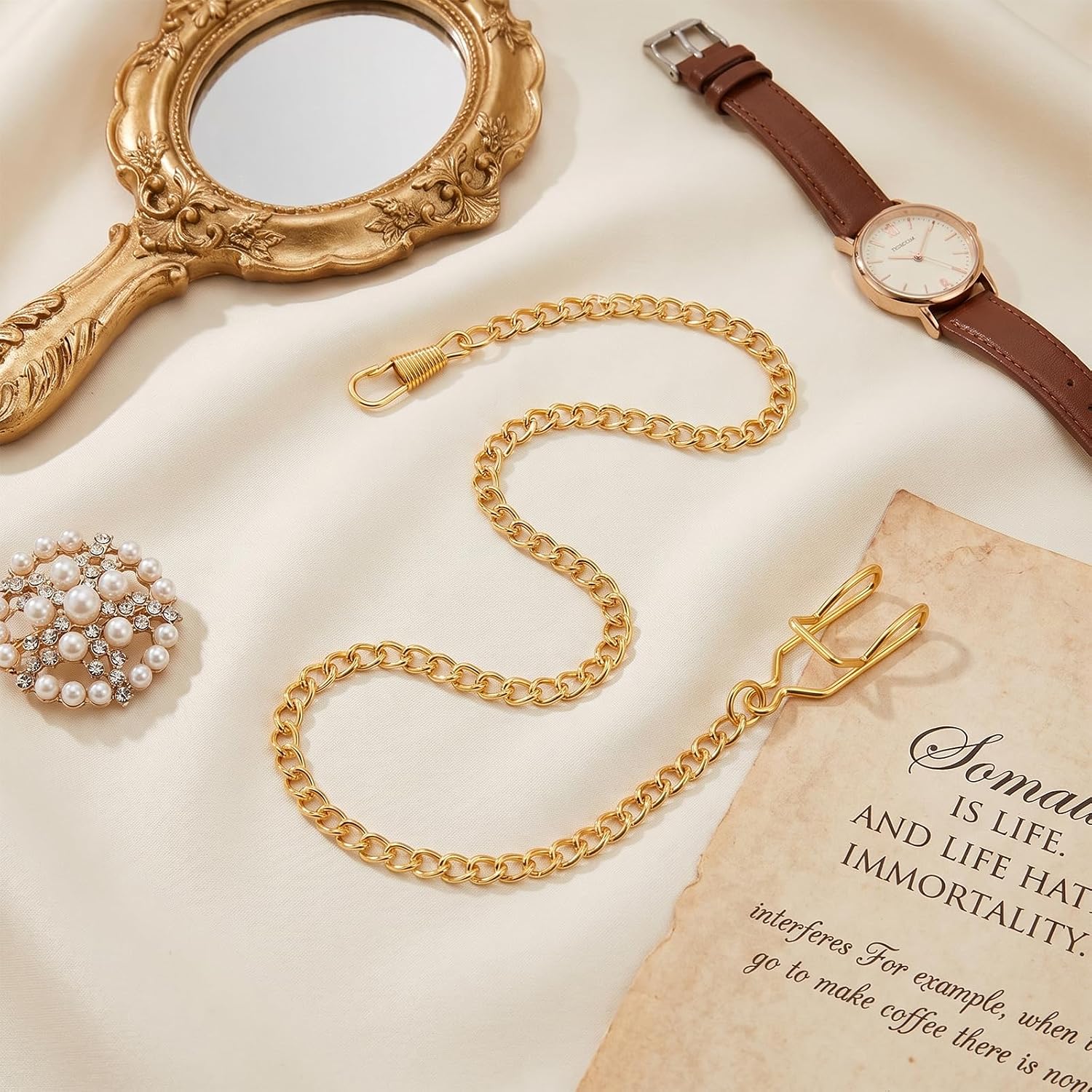 Pocket Watch Chain, 14.5 Inch Gold Clip Watch Chain Vintage Metal Vest Chains Accessory for Pocket Watch