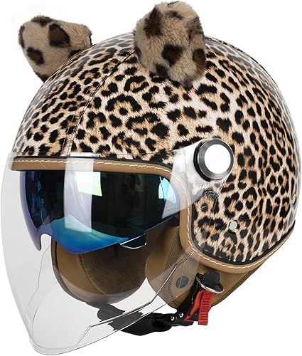 Casco de motocicleta de cuero PU brillante vintage 34, con certificación DOT, con visor doble, casco de cara abierta, casco de media cara para