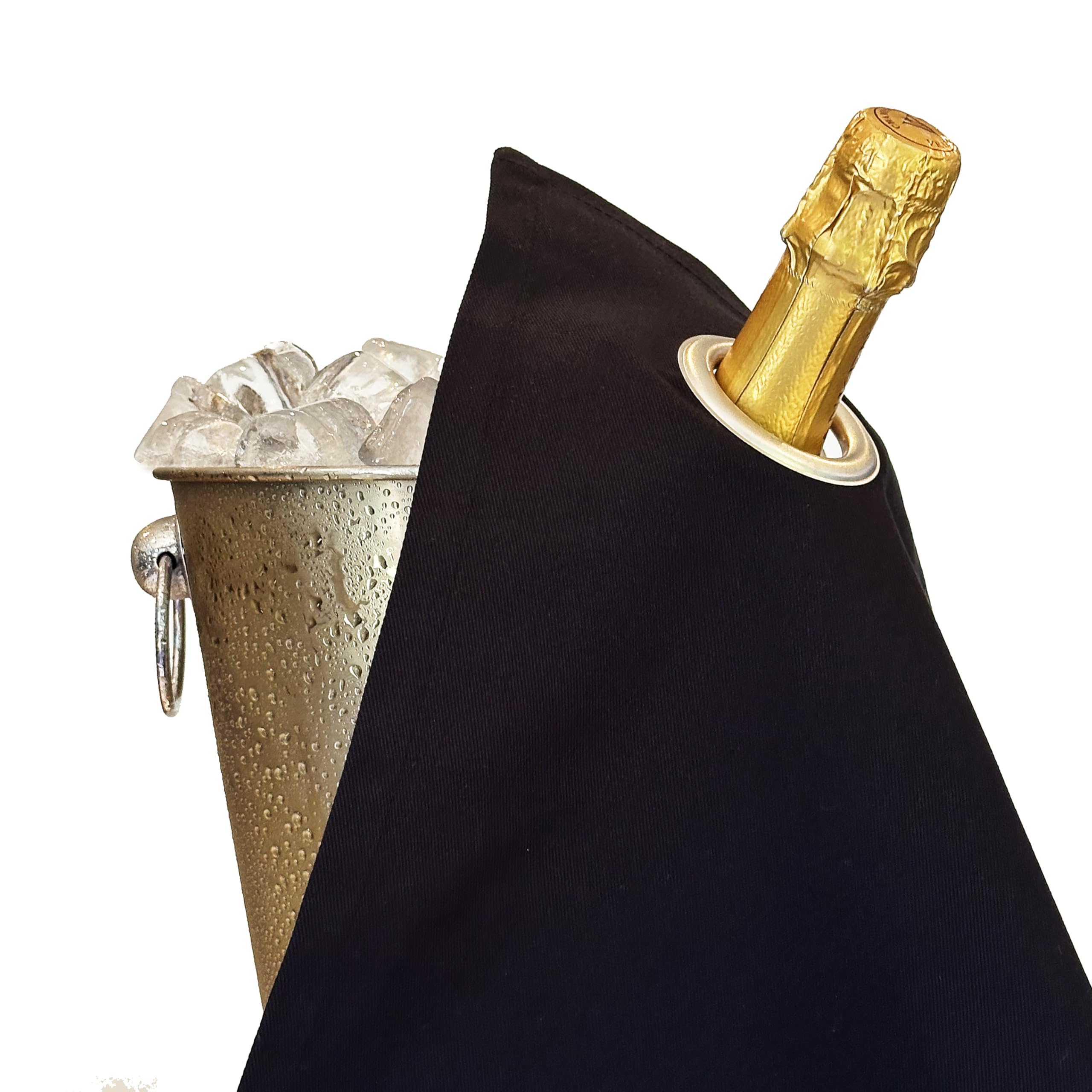 Classic Collection - Paños para botellas con anillos de metal para cubitos de hielo, algodón, 42 cm, agujero de esquina (negro con anillo plateado, paquete de 2)