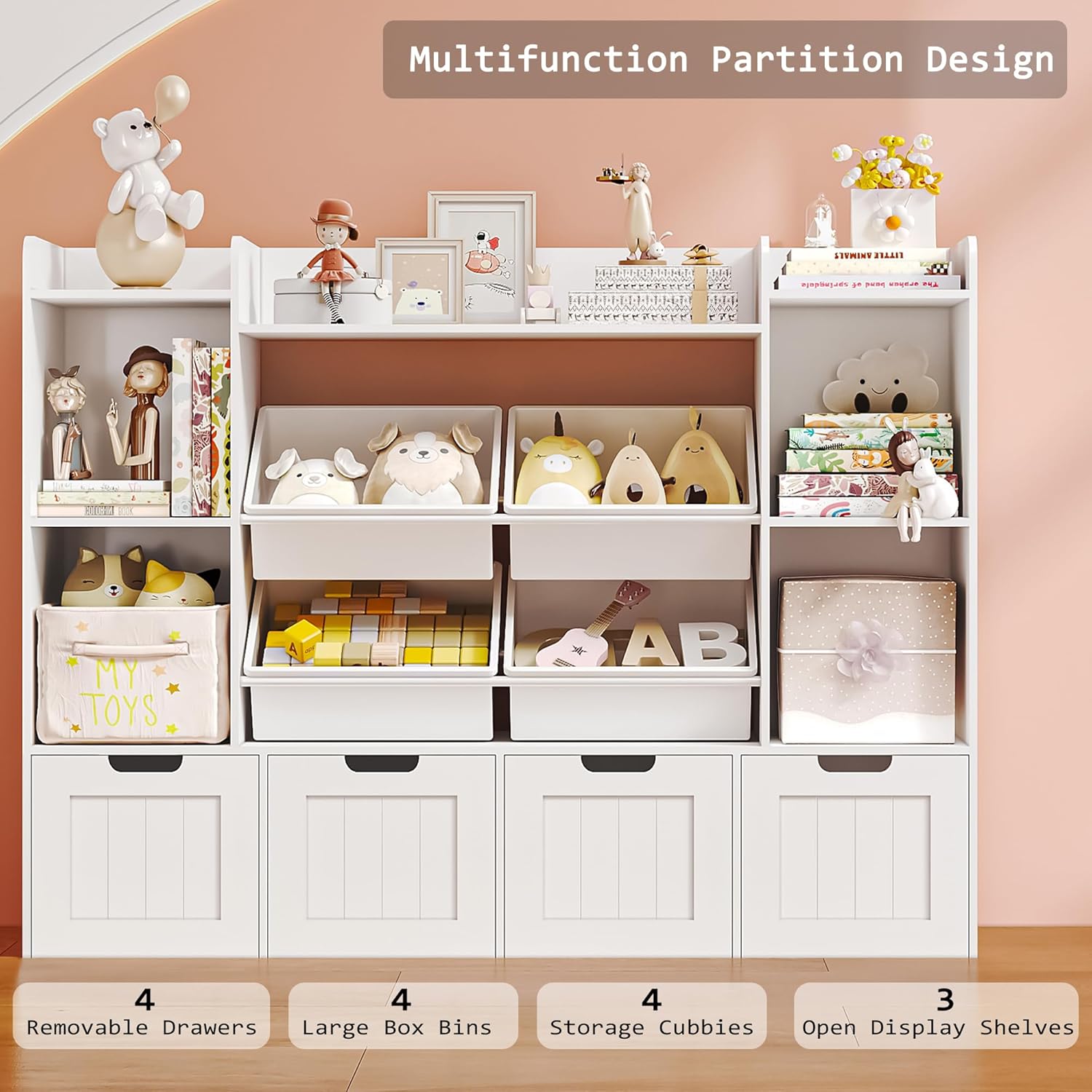 Toy Storage Organizer, Toy Organizer Kids Bookshelf with 4 Movable Drawers and 4 Box Bins, Playroom Organization and Storage for Kids Room, Living Room