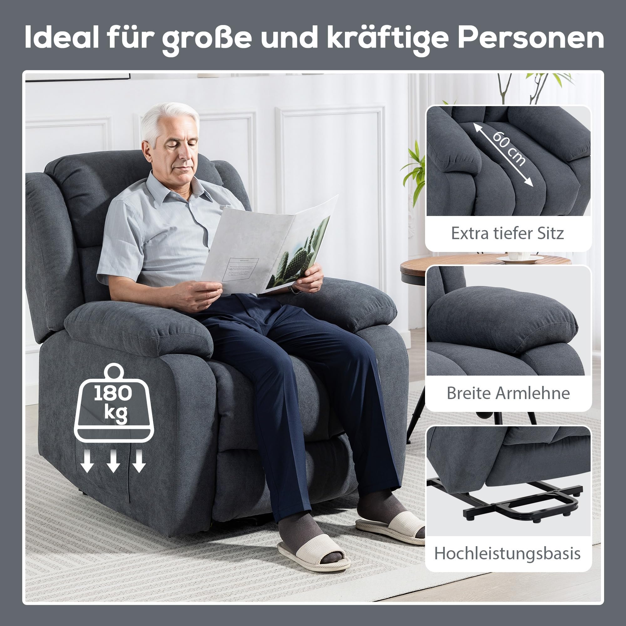 HOMCOM Fernsehsessel mit Aufstehhilfe Elektrisch Relaxsessel Dunkelgrau