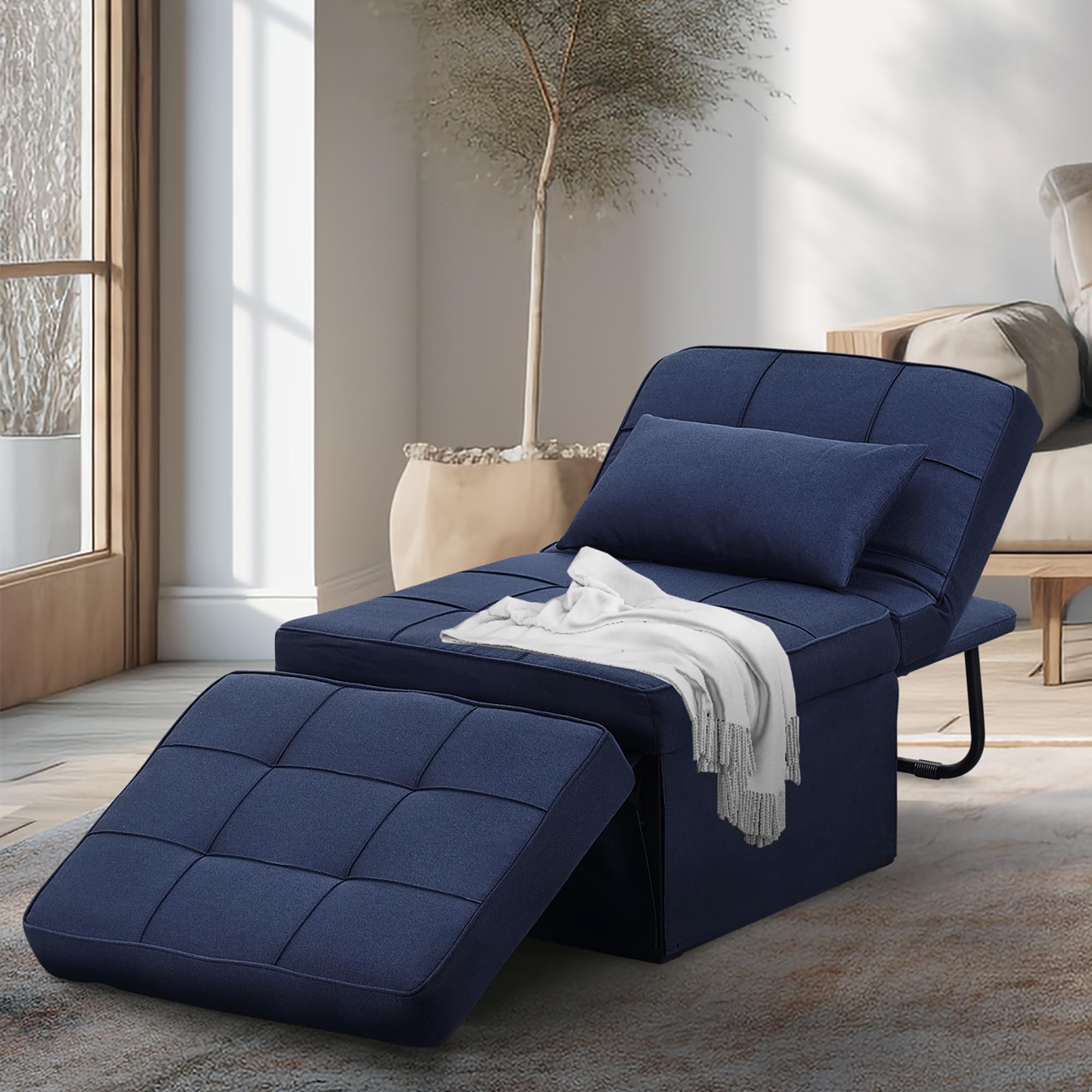 Ainfox Convertible Sofa Bed,4-in-1 Multi-Functional Futon Chair Bed, Folding & Quick Installation Sofa Couch with Adjustable Backrest Recliner for Living Room, Small Spaces and Office(Dark Blue)