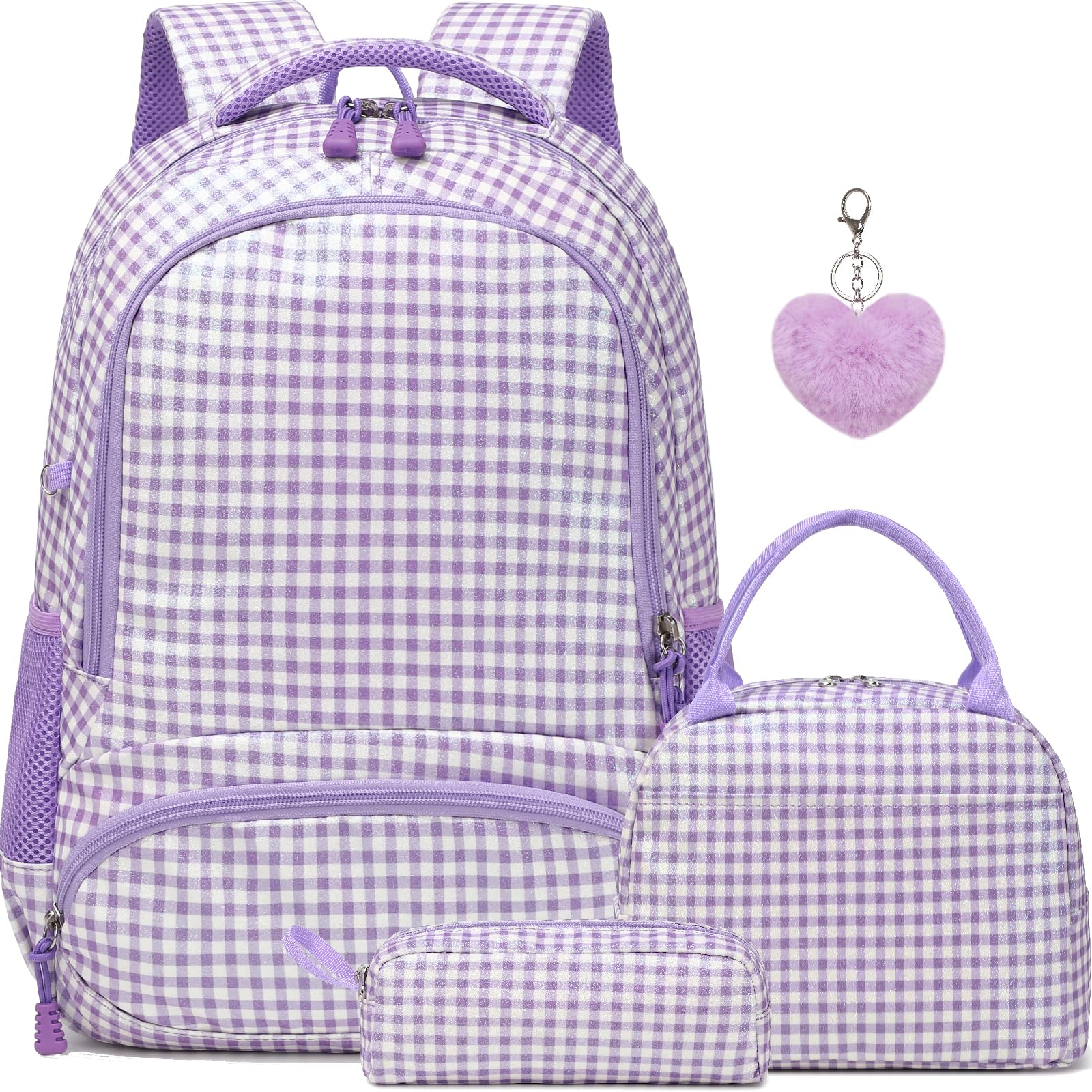 Zaino per ragazze a scacchi glitterati, 3 in 1, a scacchi, viola, con borsa per il pranzo, astuccio e cinturino toracico, per scuola materna e elementare
