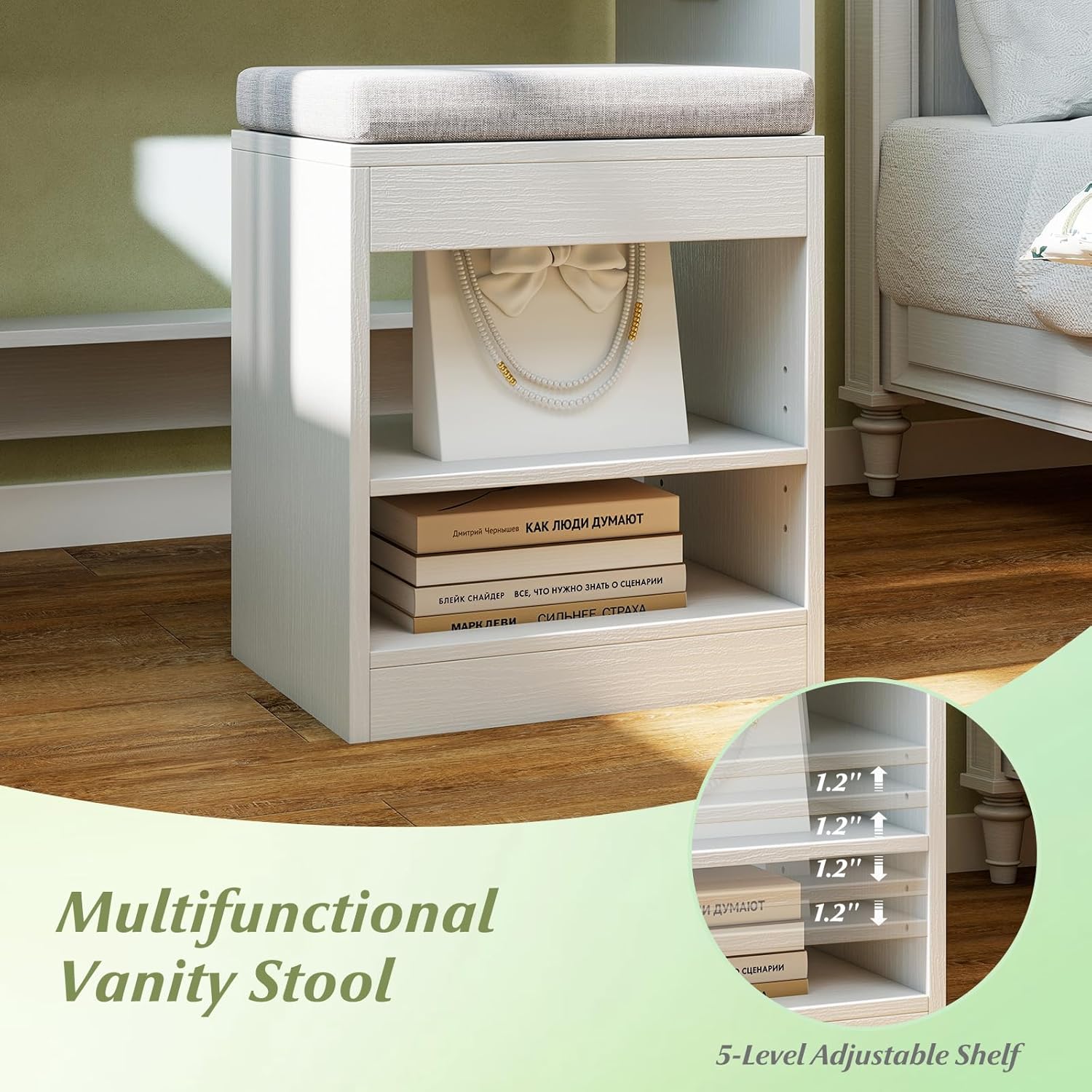 CHARMAID Vanity Desk with Mirror and Lights, White Makeup Vanity Set with Charging Station, Large Drawer & Shelves, Cushioned Stool with Storage, Modern Dressing Table for Bedroom Small Space