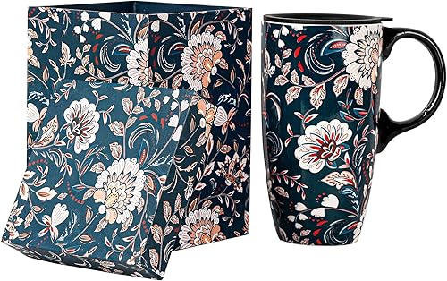 Topadorn Taza de café de cerámica Taza de café de viaje Taza de cerámica Latte Taza de té con tapa y caja de color 17 oz, flores