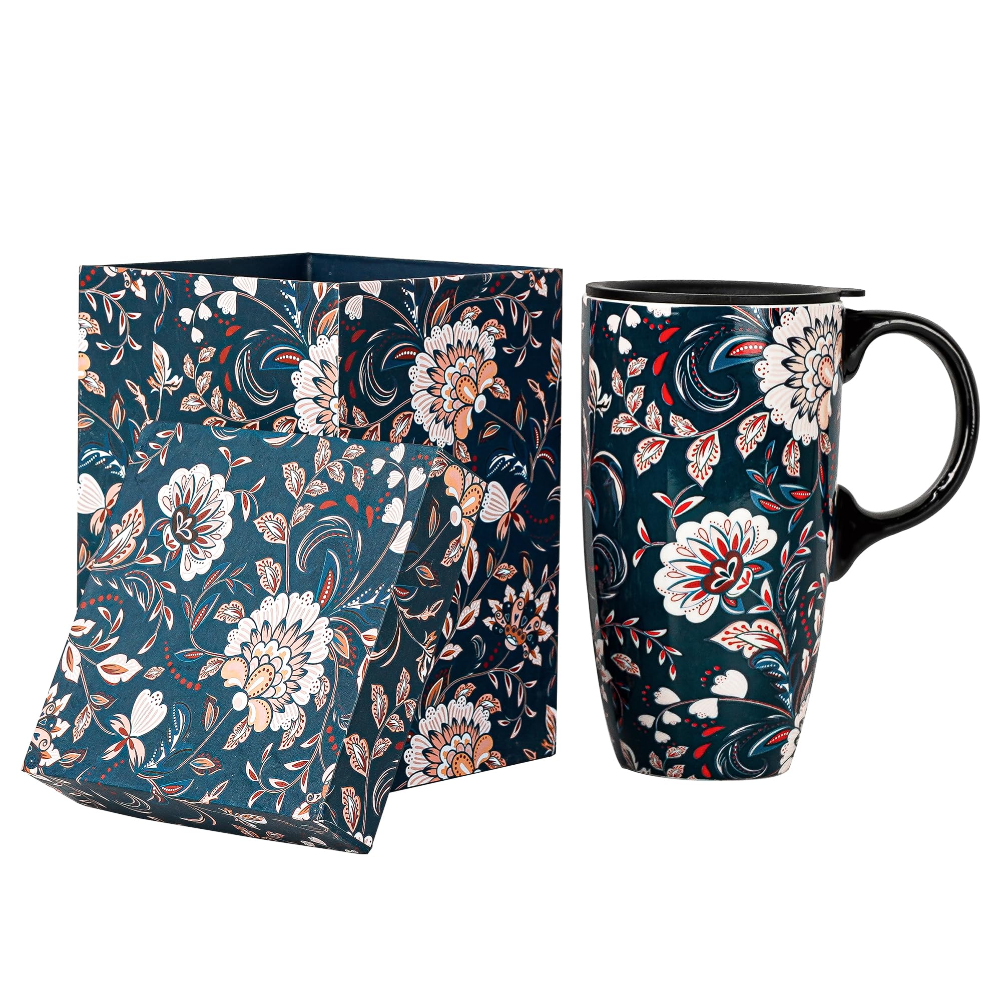 Topadorn Ceramic Coffee Mug Travel Coffee Ceramic Mug Ceramic Latte Teacup with Lid and Color Box 17 oz.,Flowers
