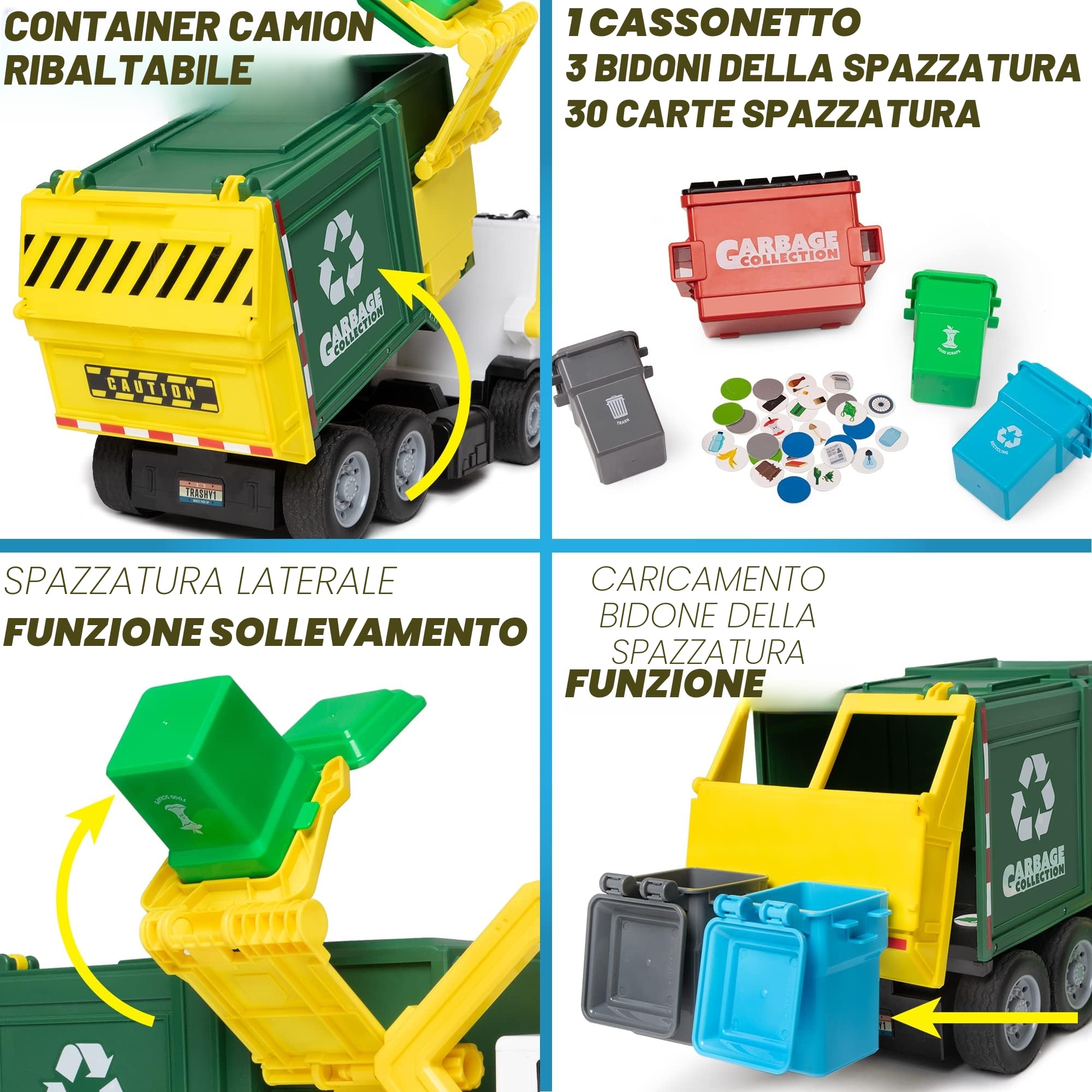 JOYIN Grande Camion Spazzatura da 40 cm, Giocattolo a Frizione con Luci e Suoni, con Pattumiera a Caricamento Frontale, 3 Bidoni Laterali con 30 Carte Pattumiera, Giocattoli per Bambini 3+(verde)