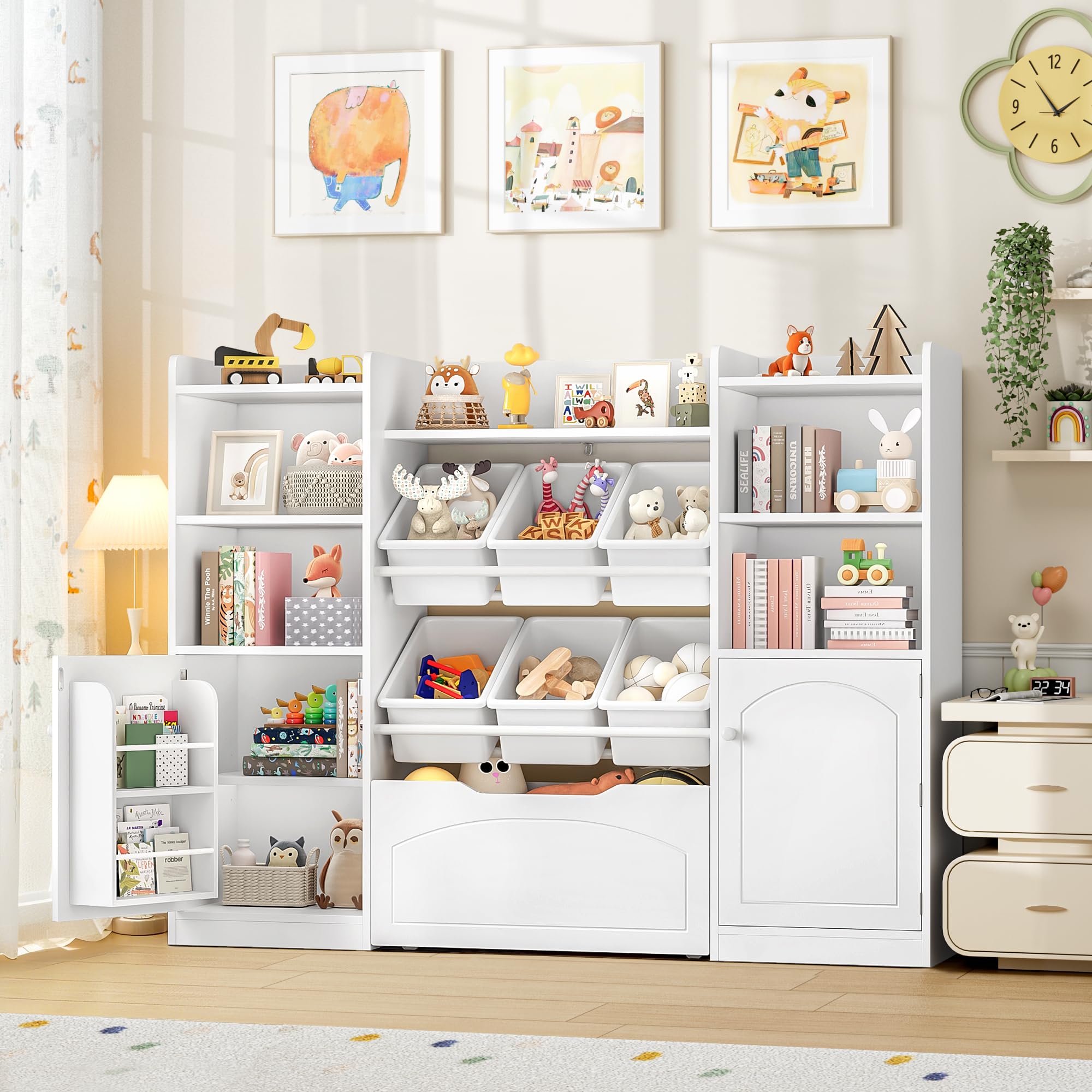 FINETONES 55” Toy Storage Organizer with Removable Bins, 5-in-1 Kids Bookshelf with Movable Chests and Book Shelves Behind The Doors, Toy Organizer Playroom with 6 Toy Bins and 8 Storage Cubes, White