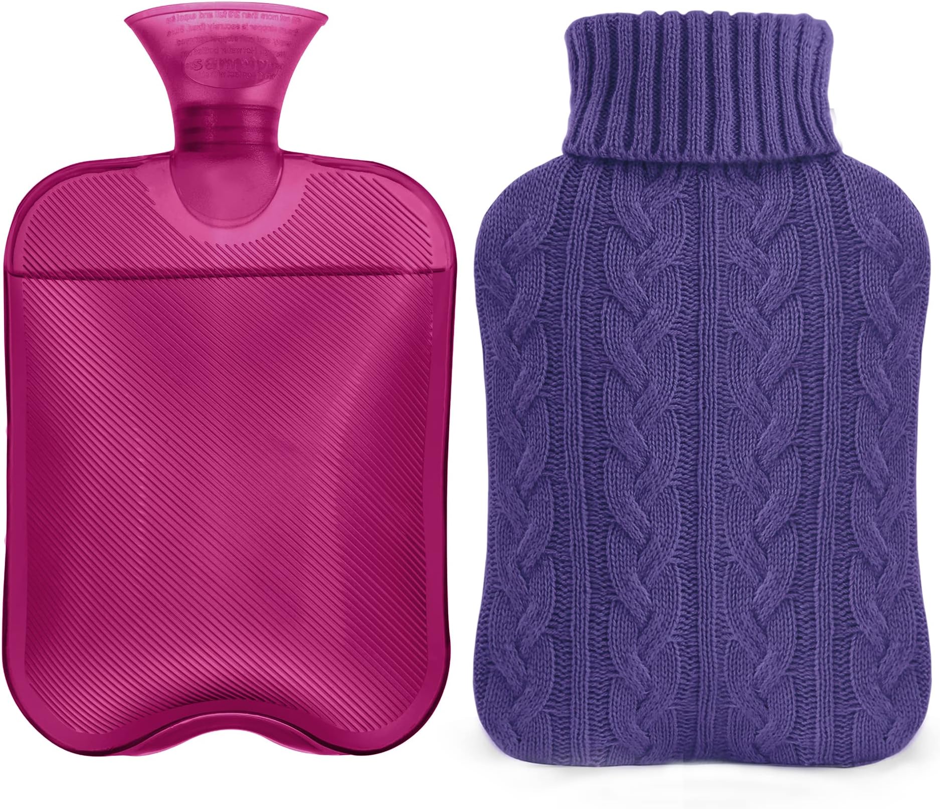 samply Hot Water Bottle with Knitted Cover, 2L Hot Water Bag for Hot and Cold Compress, Hand Feet Warmer, Ideal for Menstrual Cramps, Neck and Shoulder Pain Relief, Purple