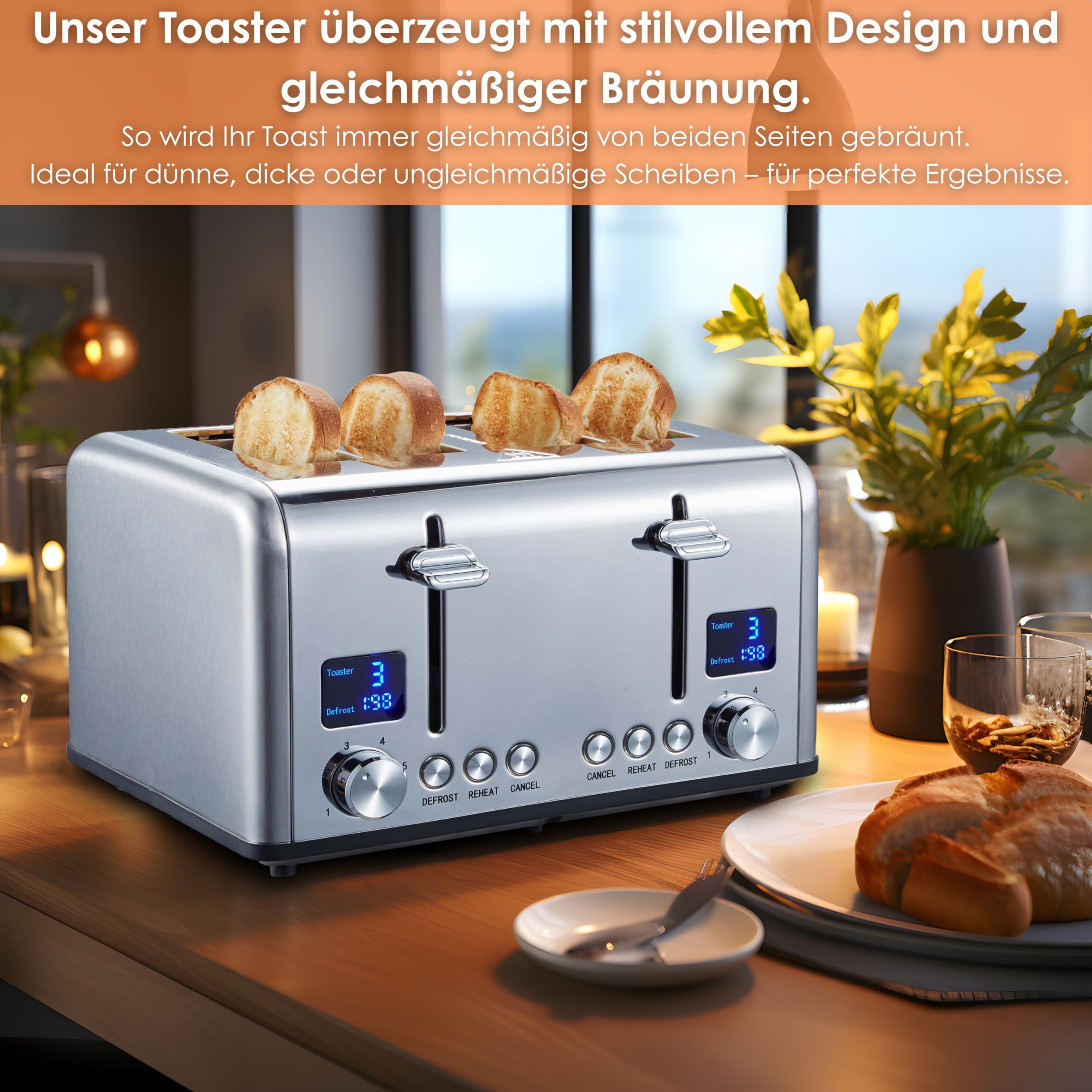 Steinborg Toaster Langschlitz | Digitales Display mit Countdown | Beleuchtete Tasten | 4 Scheiben Toastautomat | XXL Toaster | 1630 Watt | Brötchenaufsatz | Auftau-Funktion | Krümmelschublade |