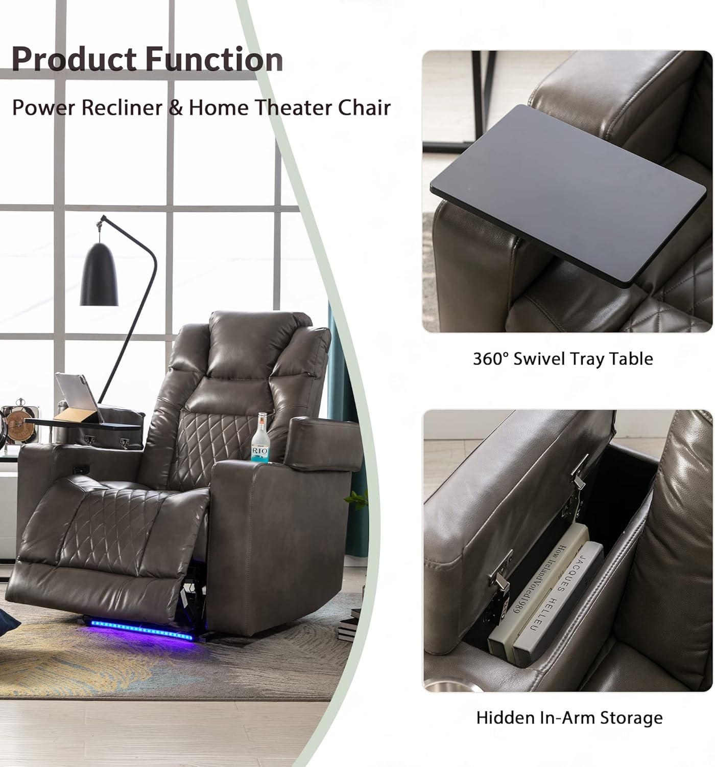 Power Motion Recliner with USB Charging Port and Hidden Arm Storage, Home Theater Seating with 2 Convenient Cup Holders Design and 360° Swivel Tray Table(Old SKU: SG000441AAA)